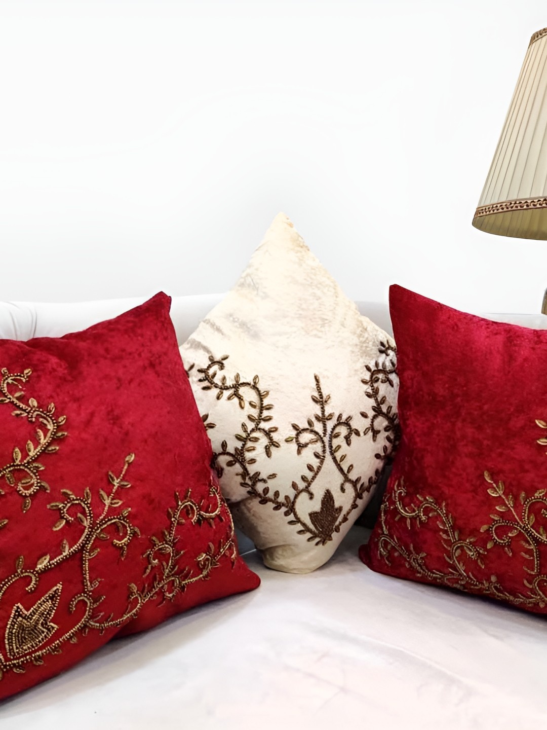 

Good Vibes Maroon & Cream 3 Pieces Ethnic Motifs Velvet Square Cushion Covers