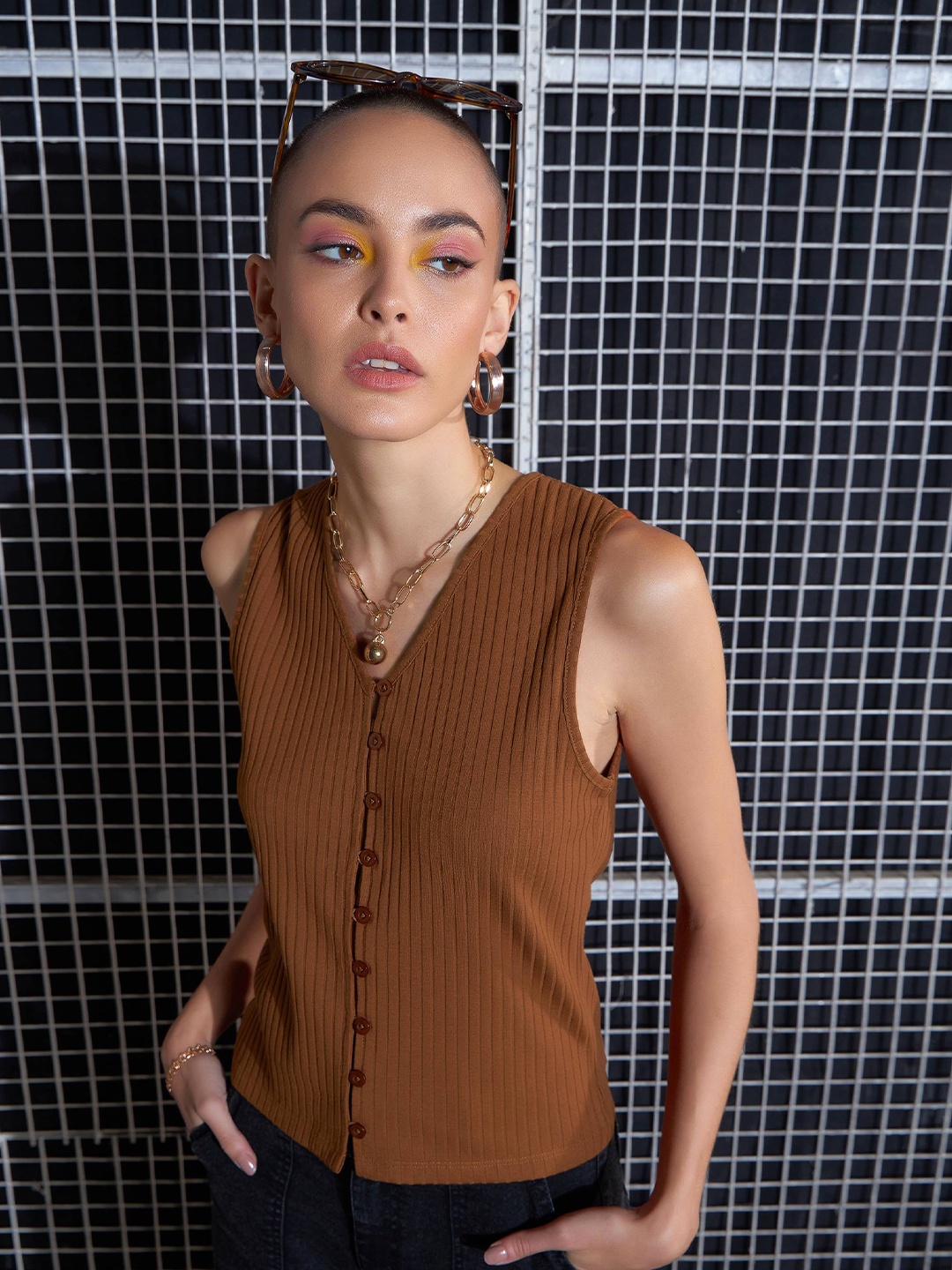 

SASSAFRAS Brown V-Neck Sleeveless Top