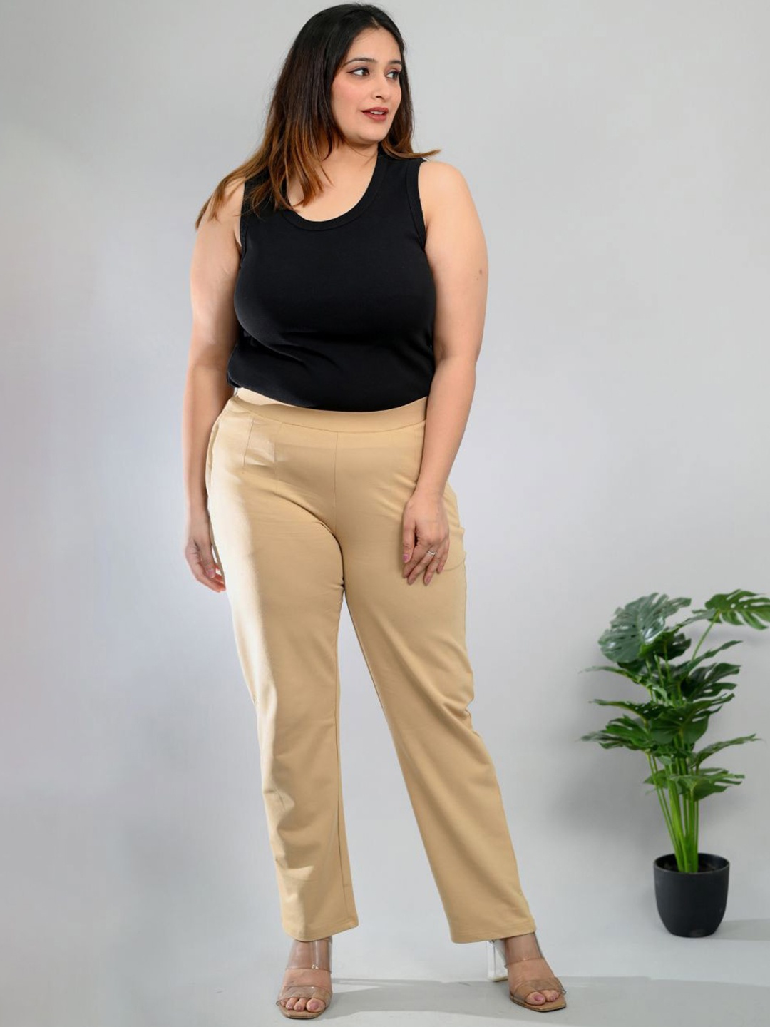 

Mlada Women Mid-Rise Cotton Plus Size Trousers, Beige