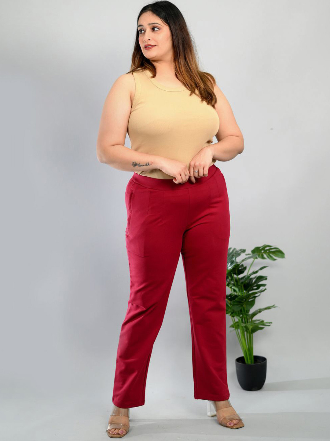 

Mlada Women Mid-Rise Cotton Plus Size Trousers, Red