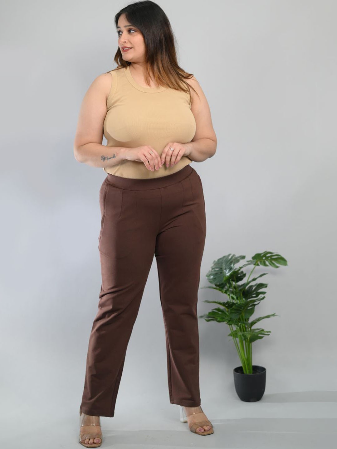 

Mlada Women Mid-Rise Cotton Plus Size Trousers, Brown