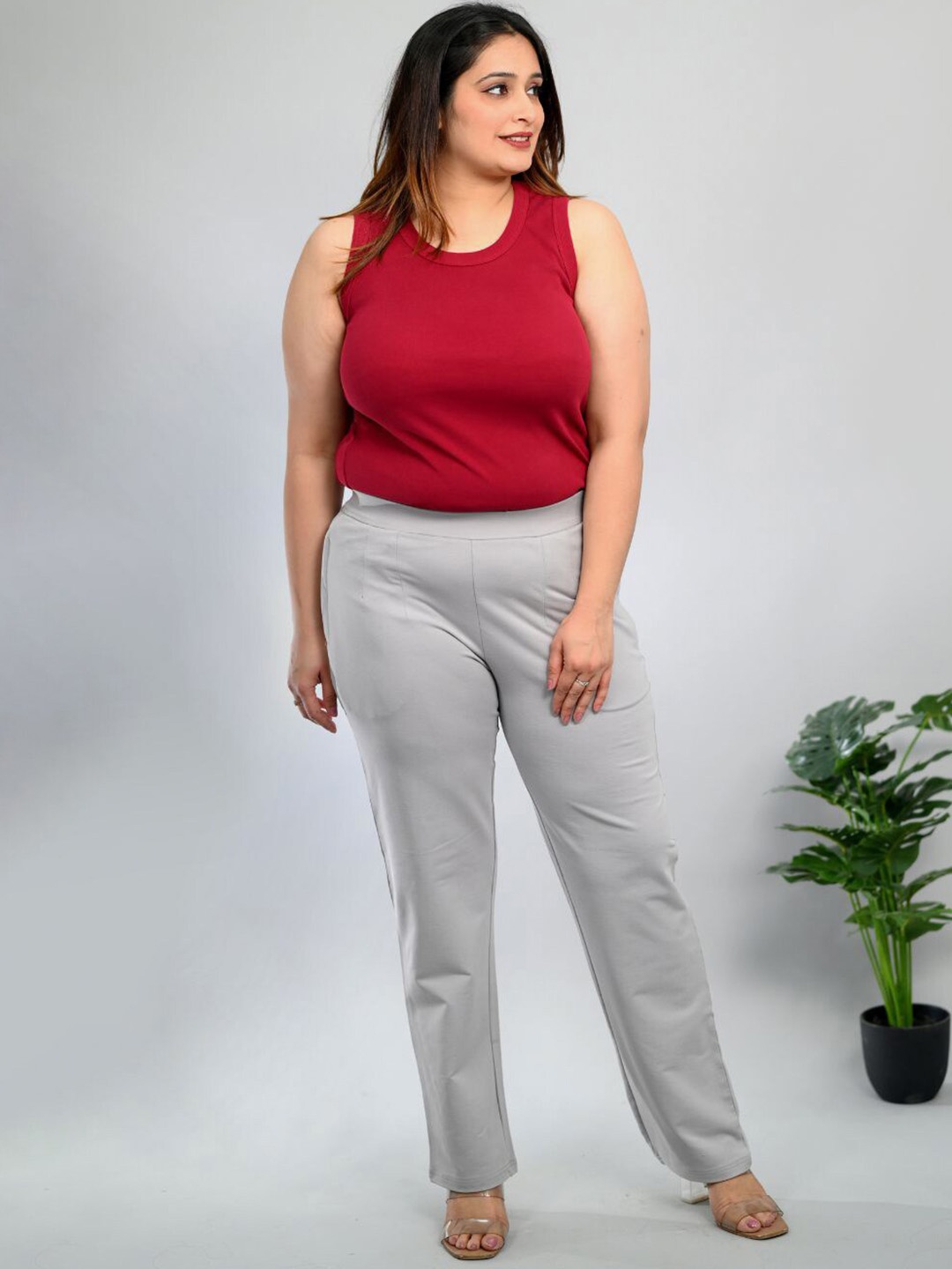 

Mlada Women Mid-Rise Cotton Plus Size Trousers, Grey