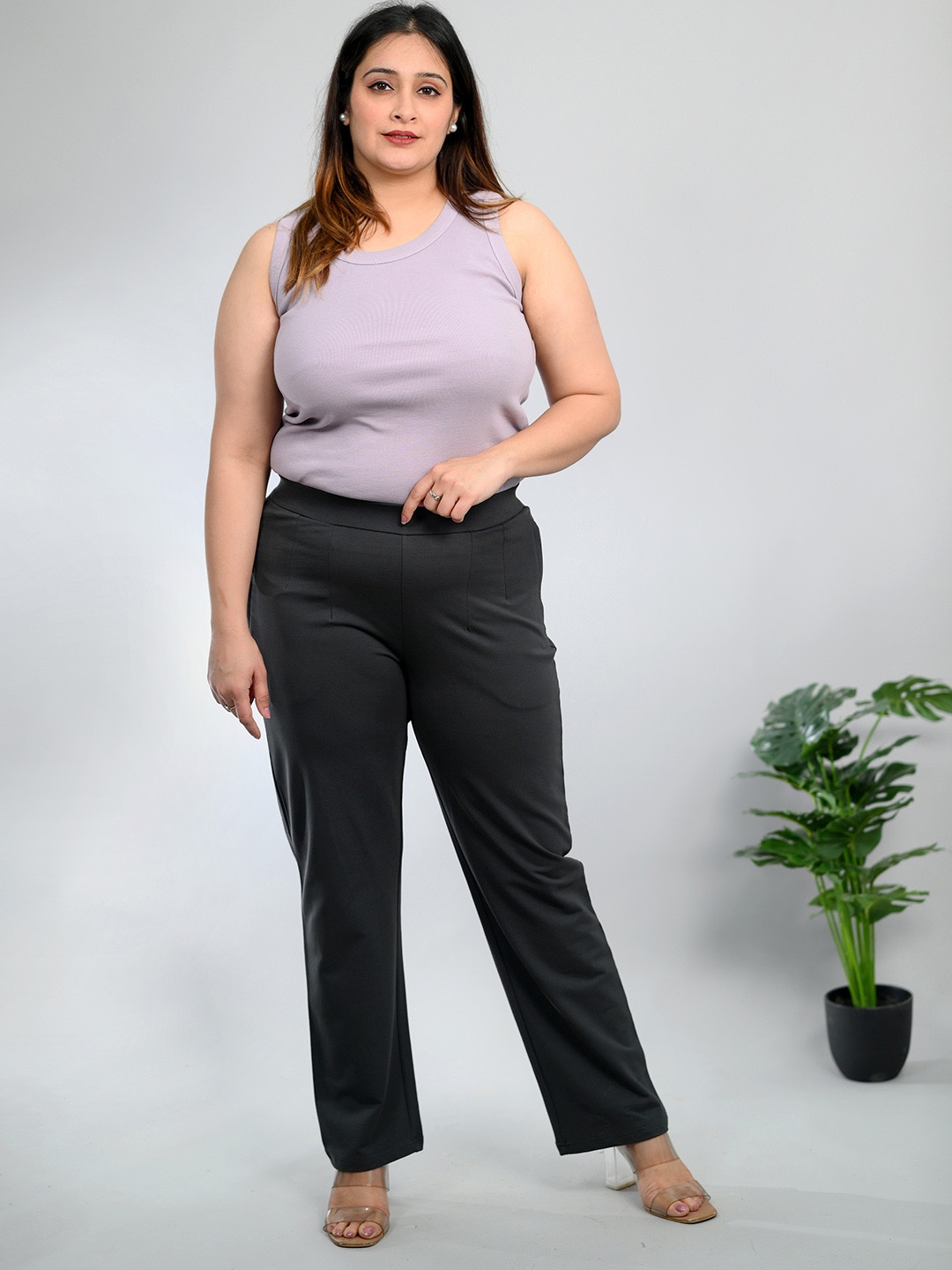 

Mlada Women Mid-Rise Cotton Plus Size Trousers, Black