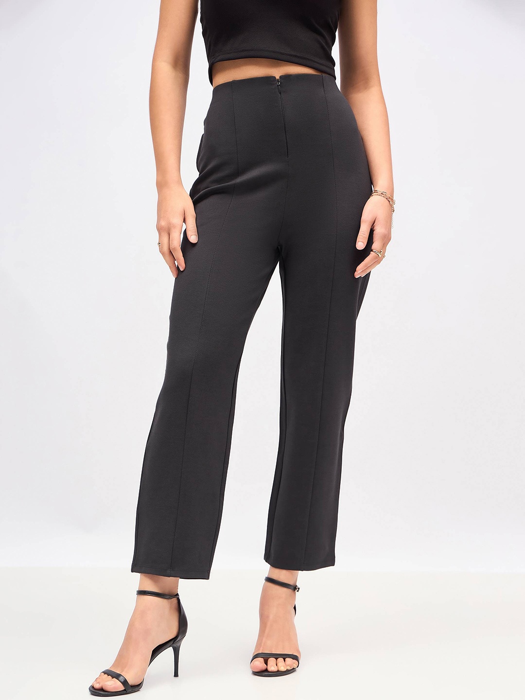 

SASSAFRAS Women Charcoal Straight Fit High-Rise Pleated Trousers