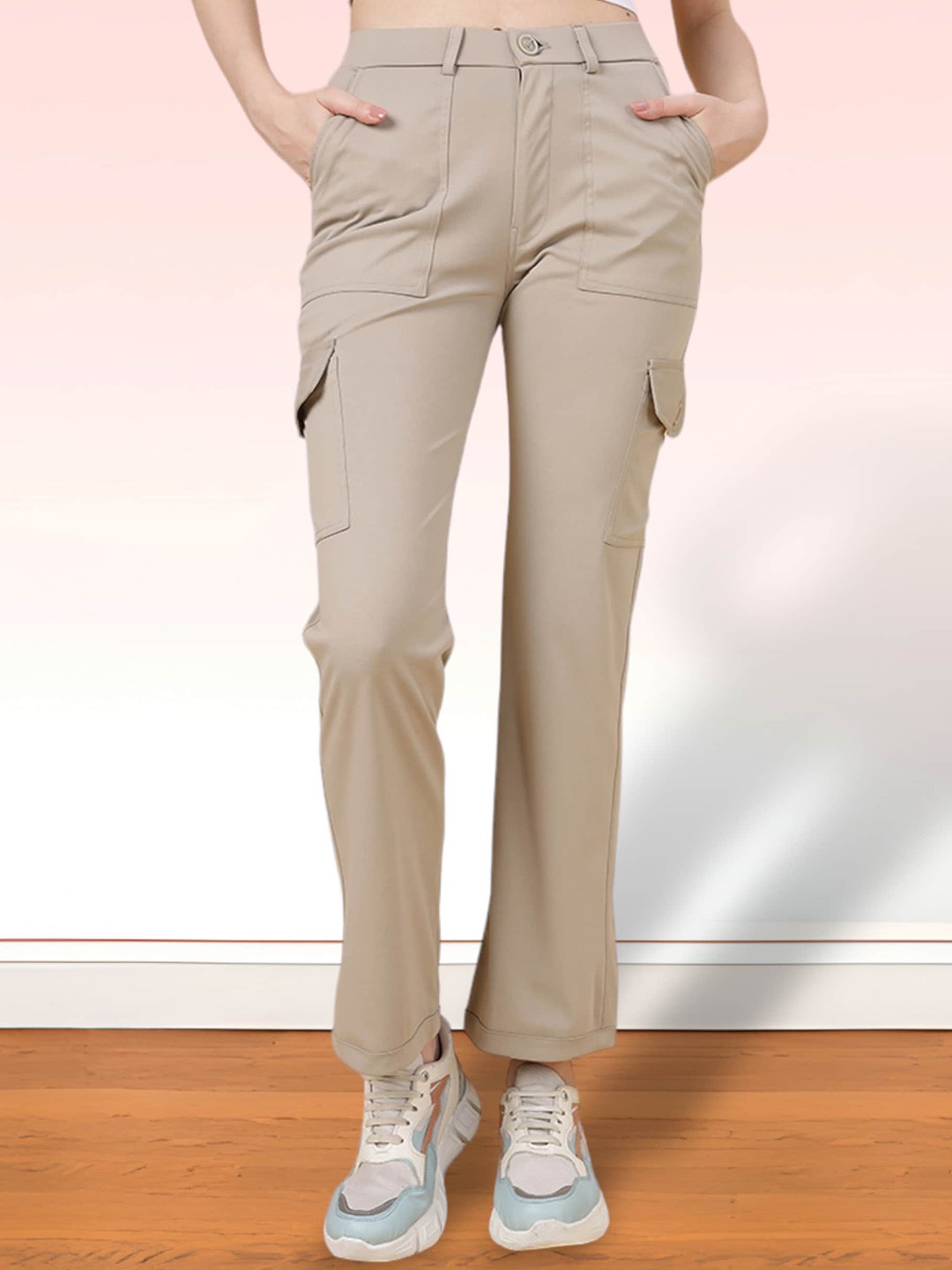 

FITHUB Women Straight Fit High-Rise Cargos Trousers, Beige