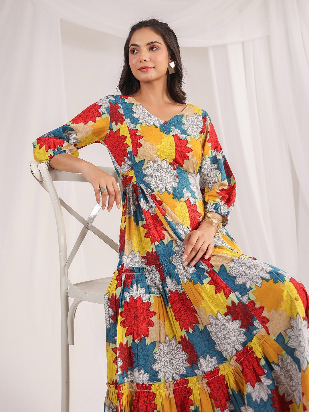 

Janasya Blue Floral Printed Gathered Detailed Cotton Fit & Flare Midi Dress