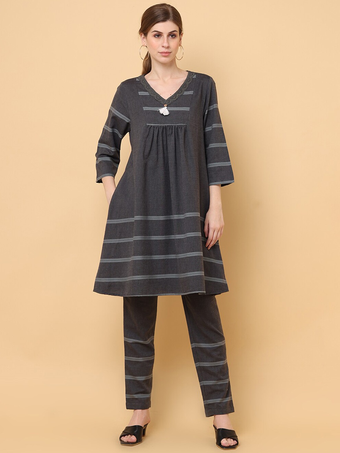 

aayusika Striped V-Neck Flared Knee Length Pure Cotton A-Line Kurta With Trouser, Black