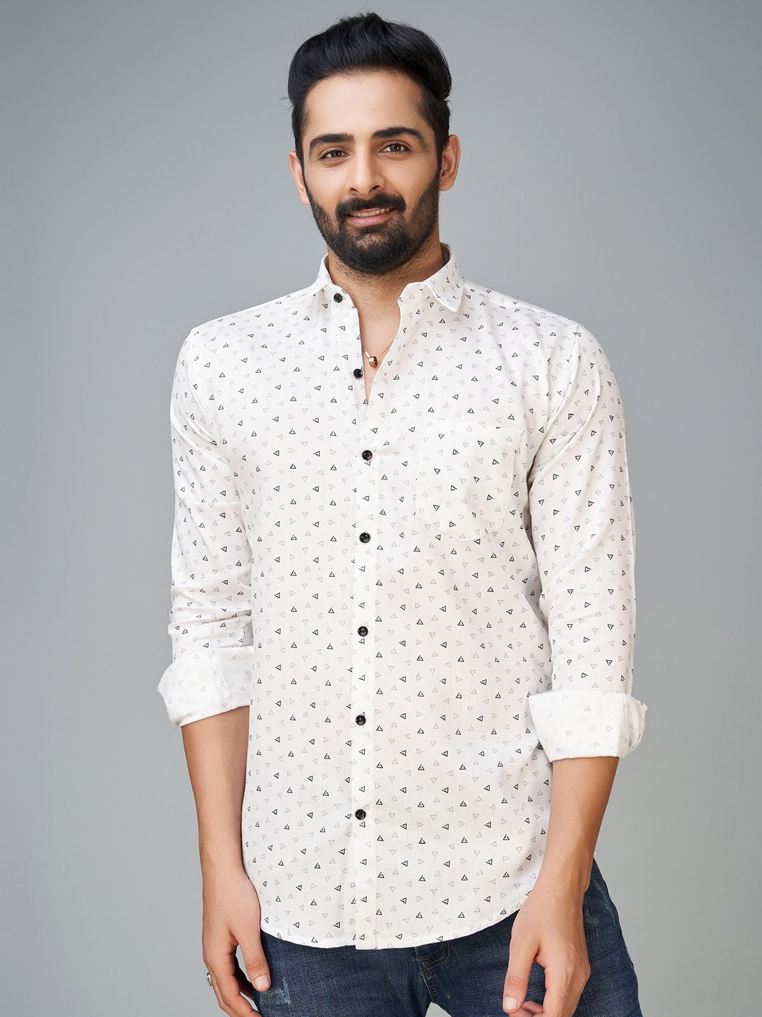 

Reeta Fashion Comfort Printed Spread Collar Long Sleeves Cotton Shirt, White