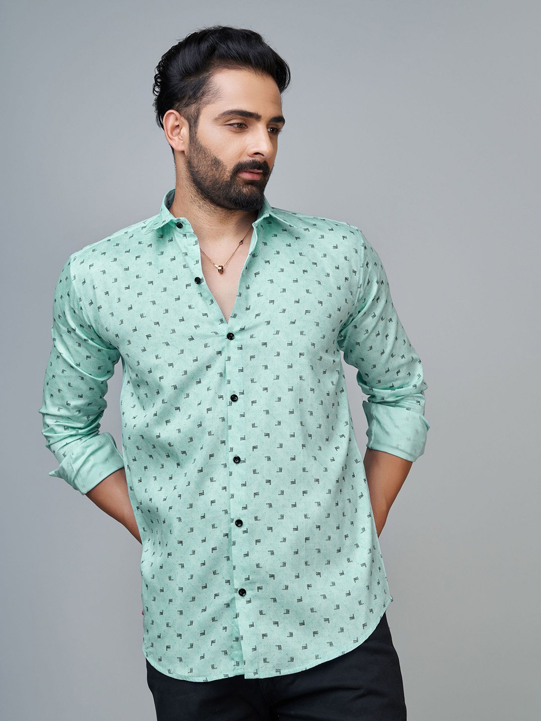 Reeta Fashion Comfort Geometric Printed Spread Collar Cotton Casual Shirt, Green