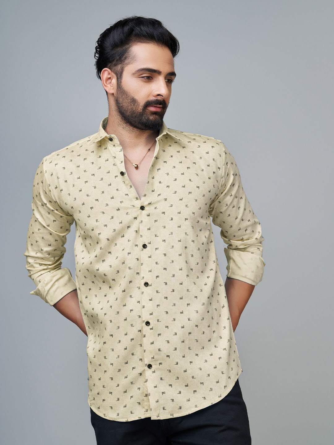 

Reeta Fashion Comfort Geometric Printed Spread Collar Cotton Casual Shirt, Beige