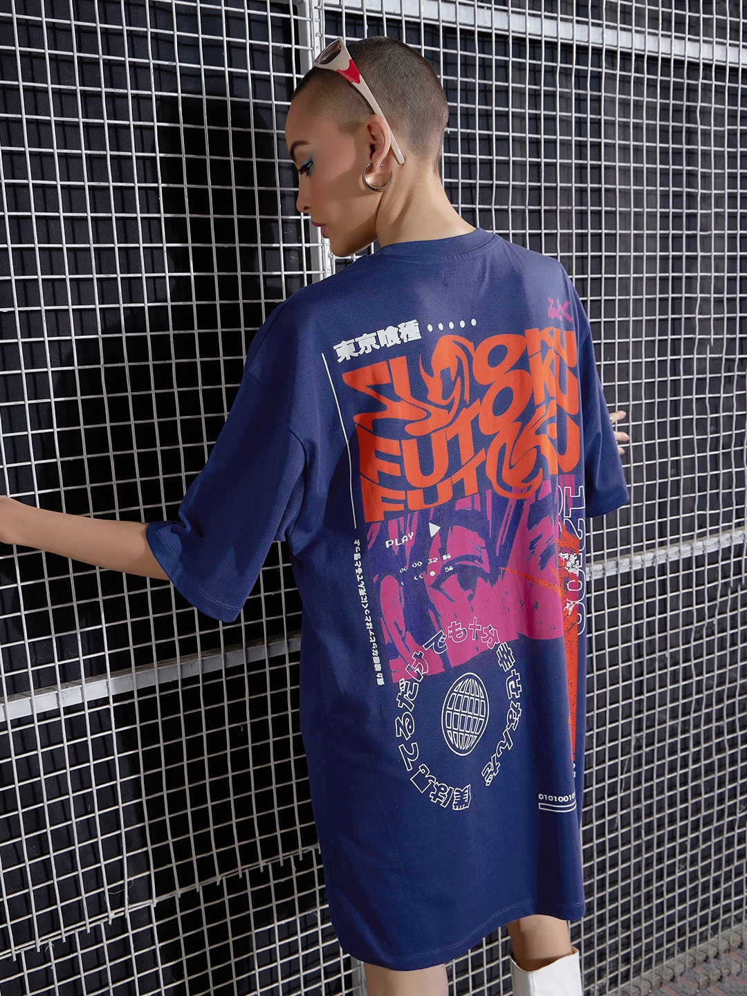 

SASSAFRASNavy Blue Futoku Printed Drop Shoulder Pure Cotton Oversized T-Shirt Dress, Navy blue