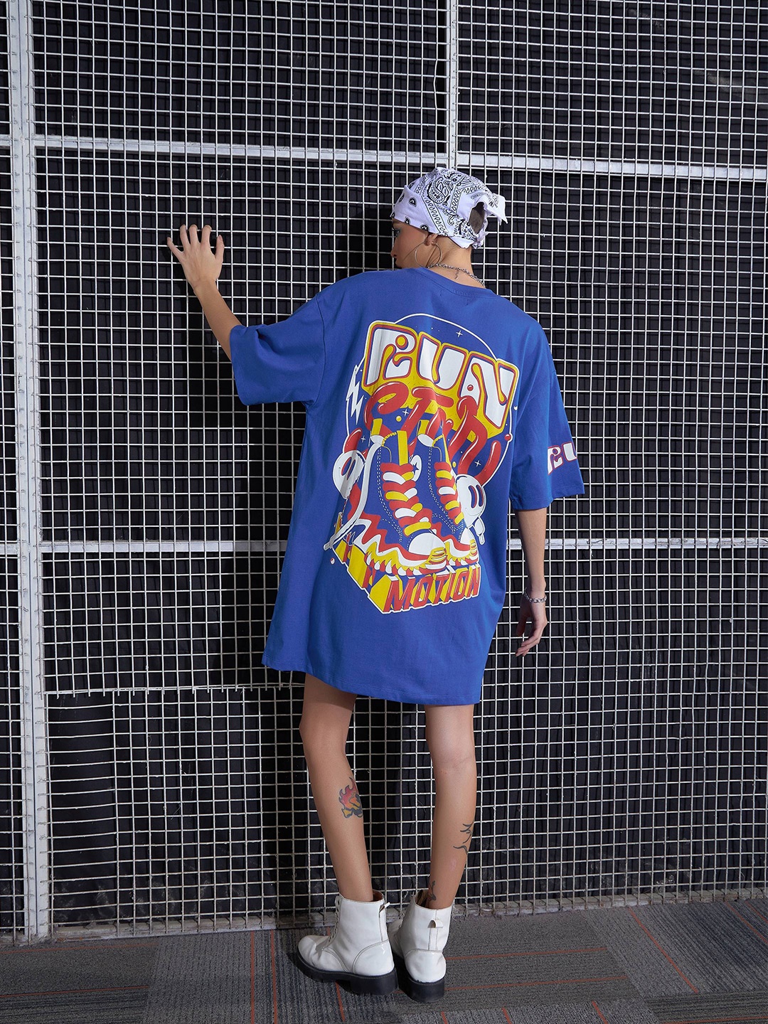 

SASSAFRAS Graphic Printed Oversized Pure Cotton T-Shirt Dress, Blue