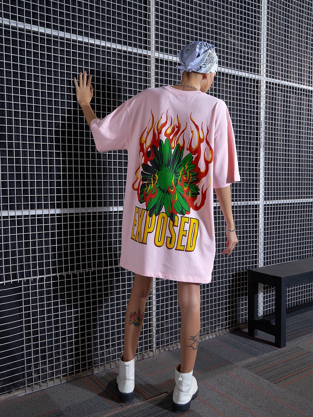 

SASSAFRAS Pink Graphic Printed Pure Cotton Oversized T-Shirt Dress