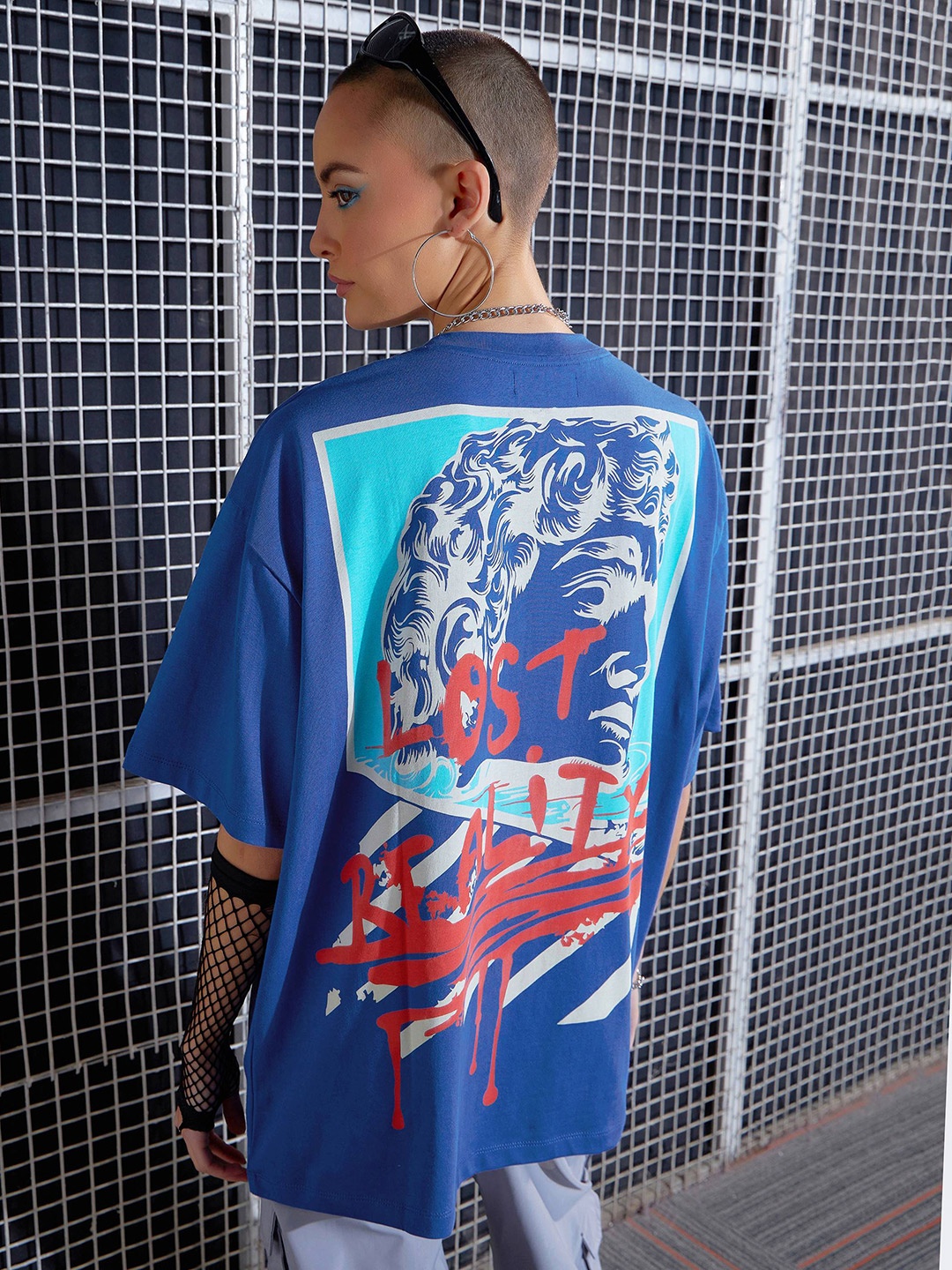 

SASSAFRAS Blue Graphic Printed Drop-Shoulder Oversized Pure Cotton T-shirt