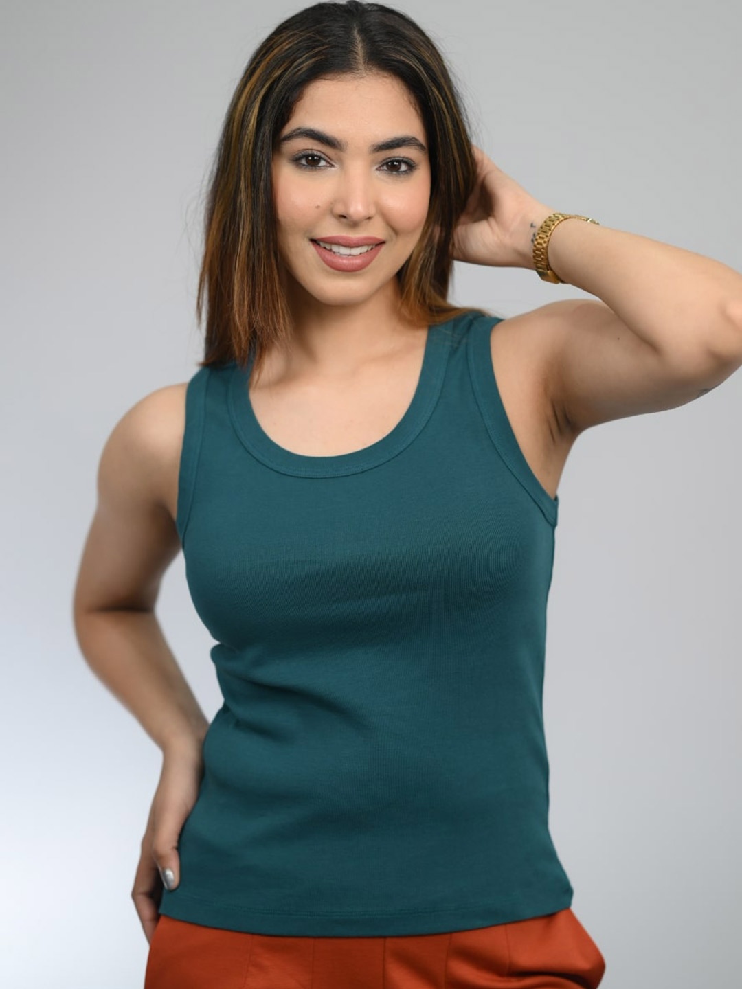

Mlada Women Cotton Rib Round Neck Sleeveless Regular Fit Tank Top, Blue