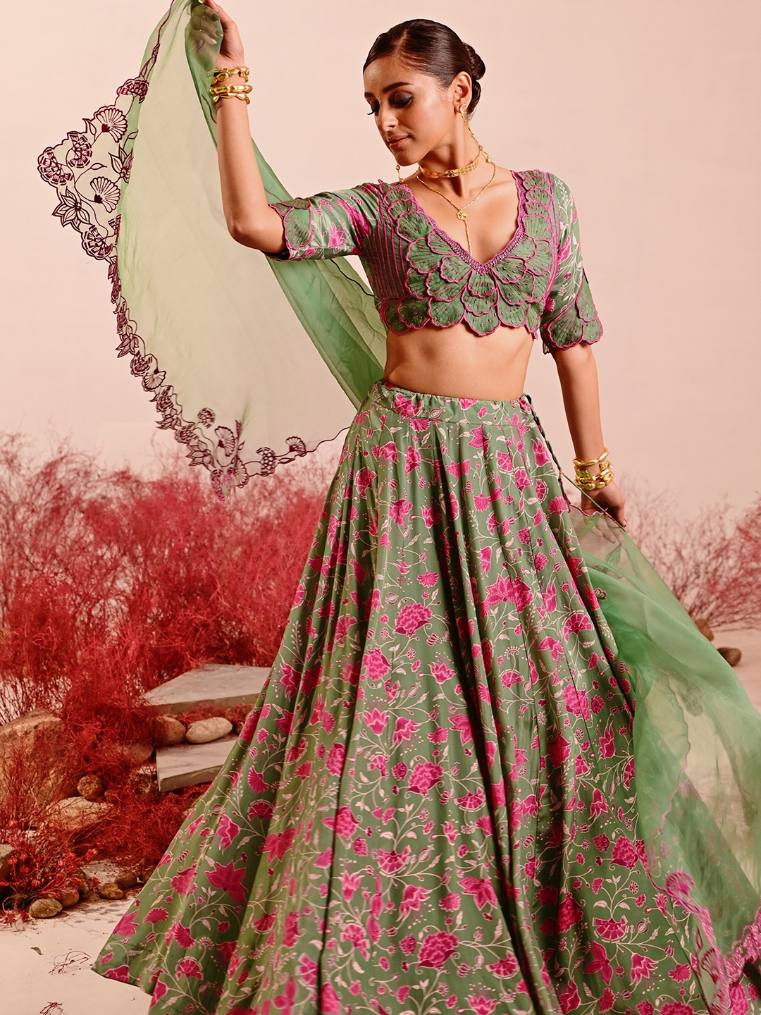 

Baise Gaba Embroidered Beads & Stones Organza Ready to Wear Lehenga & Choli With Dupatta, Green