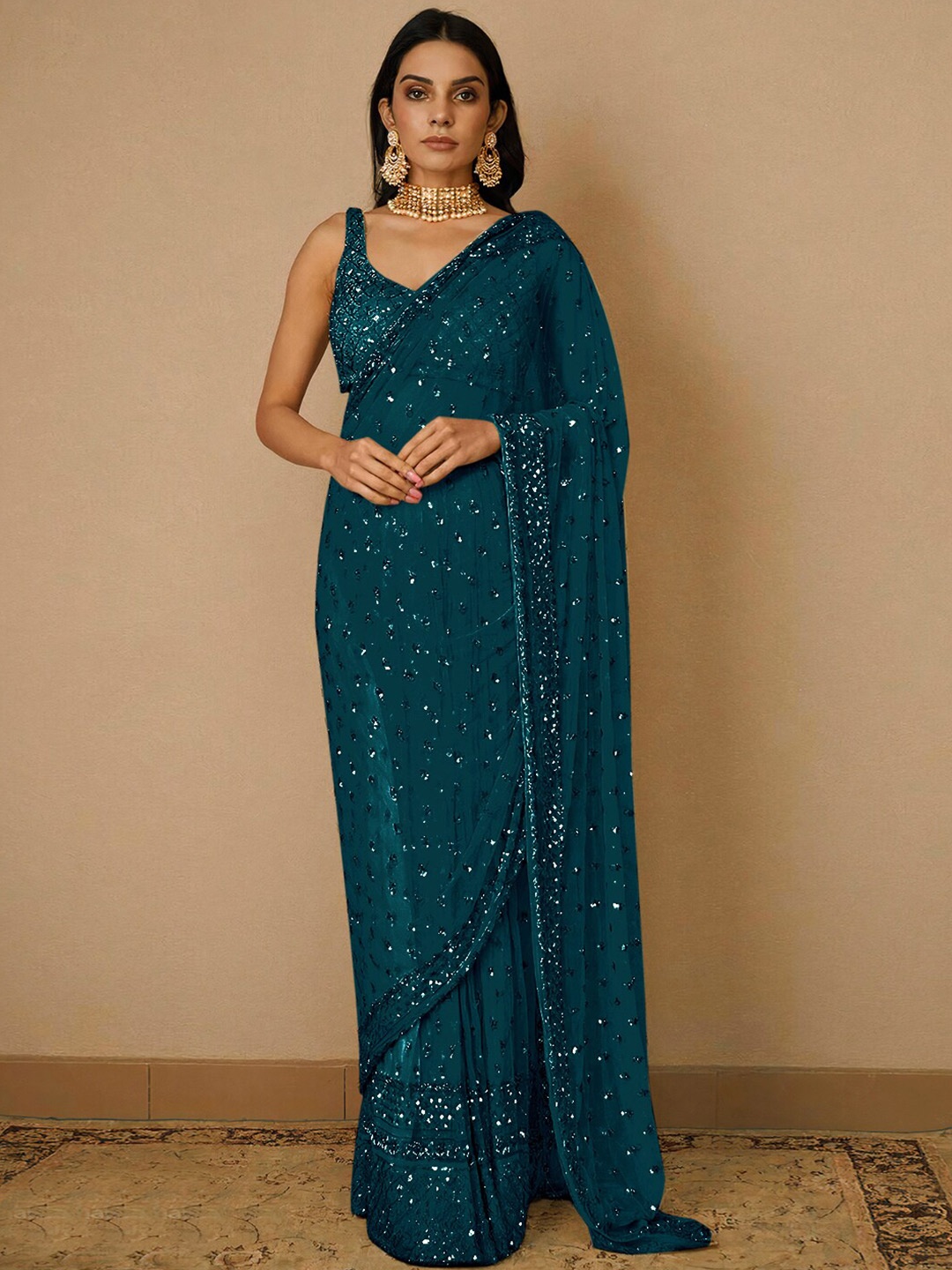 

Angroop Embellished Sequinned Net Saree, Teal