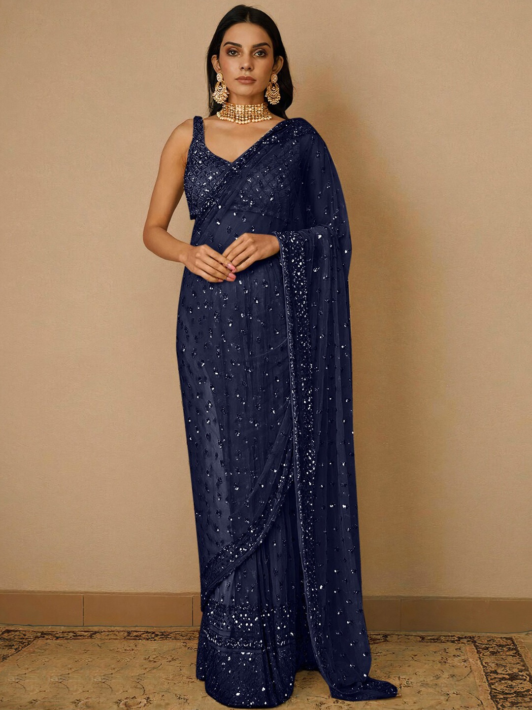 

Angroop Embellished Sequinned Net Saree, Navy blue
