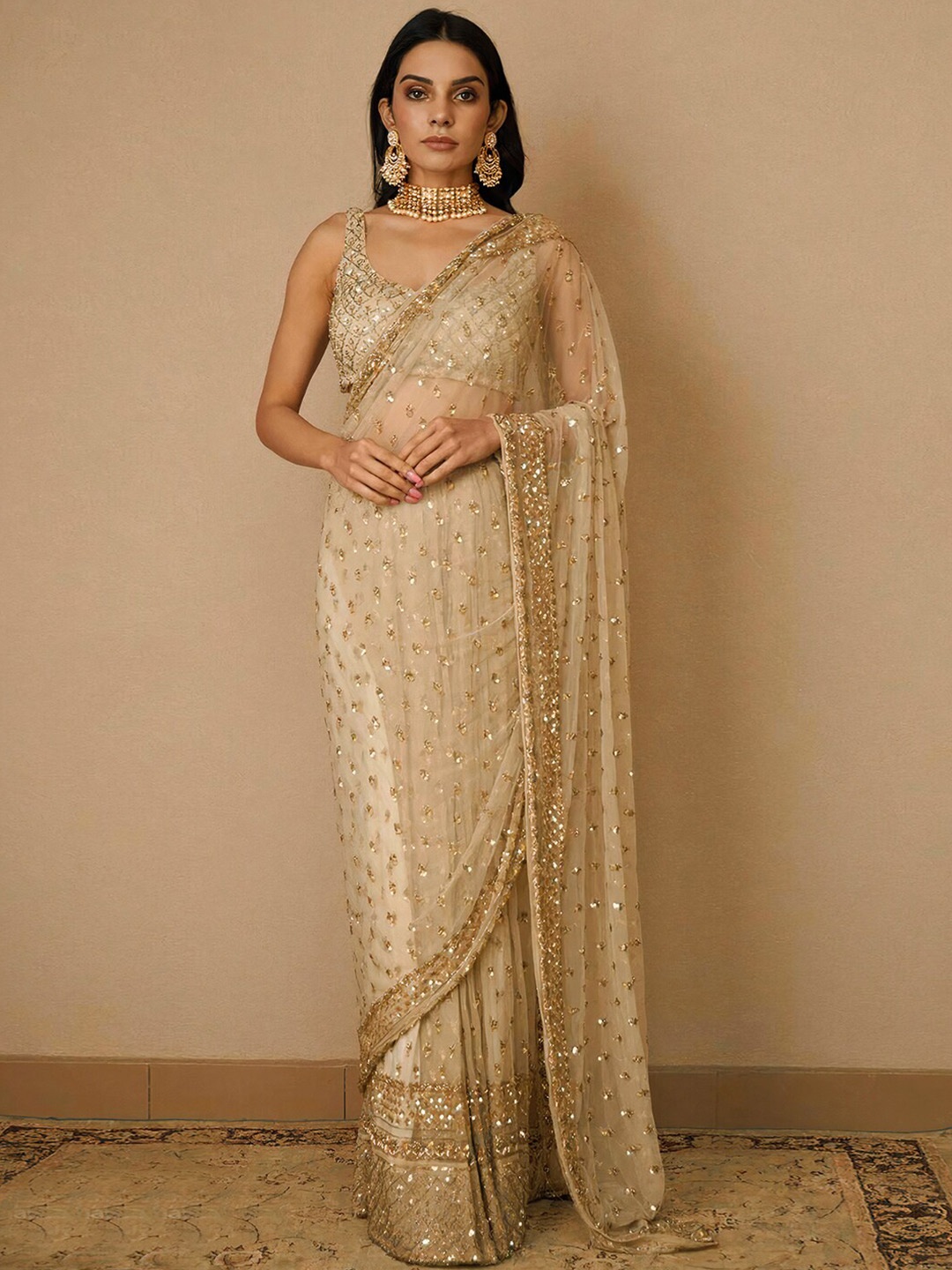 

Angroop Embellished Sequinned Net Saree, Gold