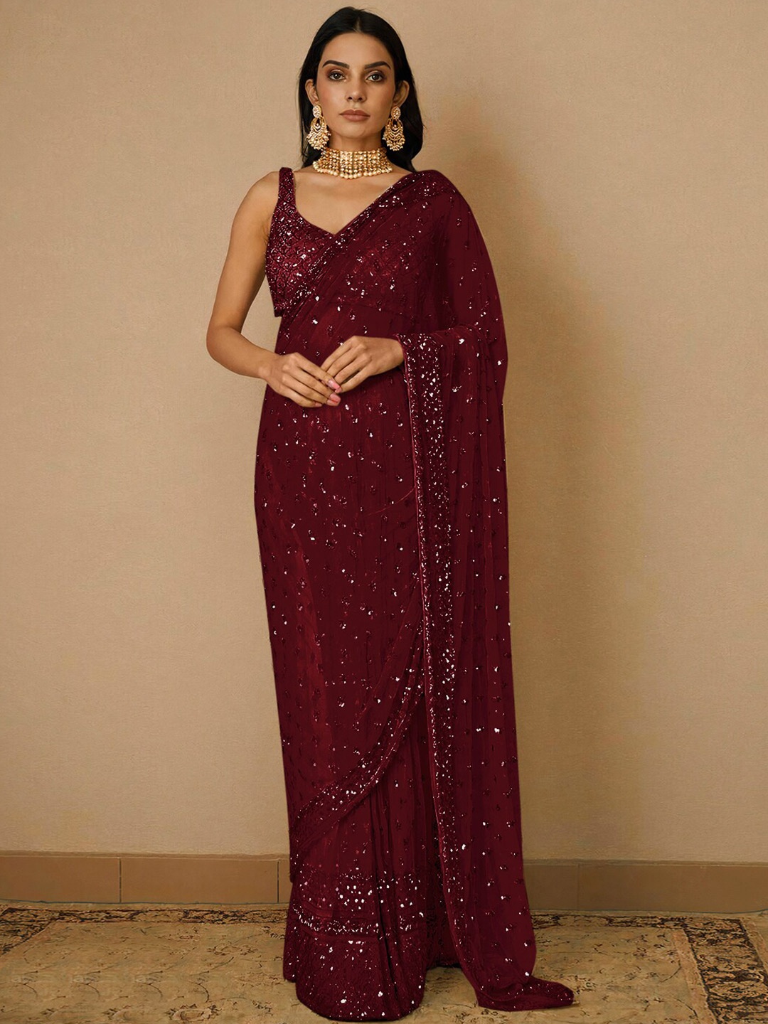 

Angroop Embellished Sequinned Net Saree, Maroon