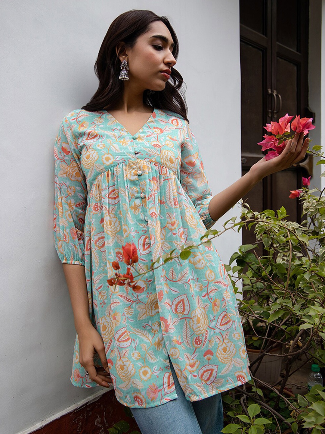 

Janasya Floral Printed Georgette Gathered Tunic, Blue