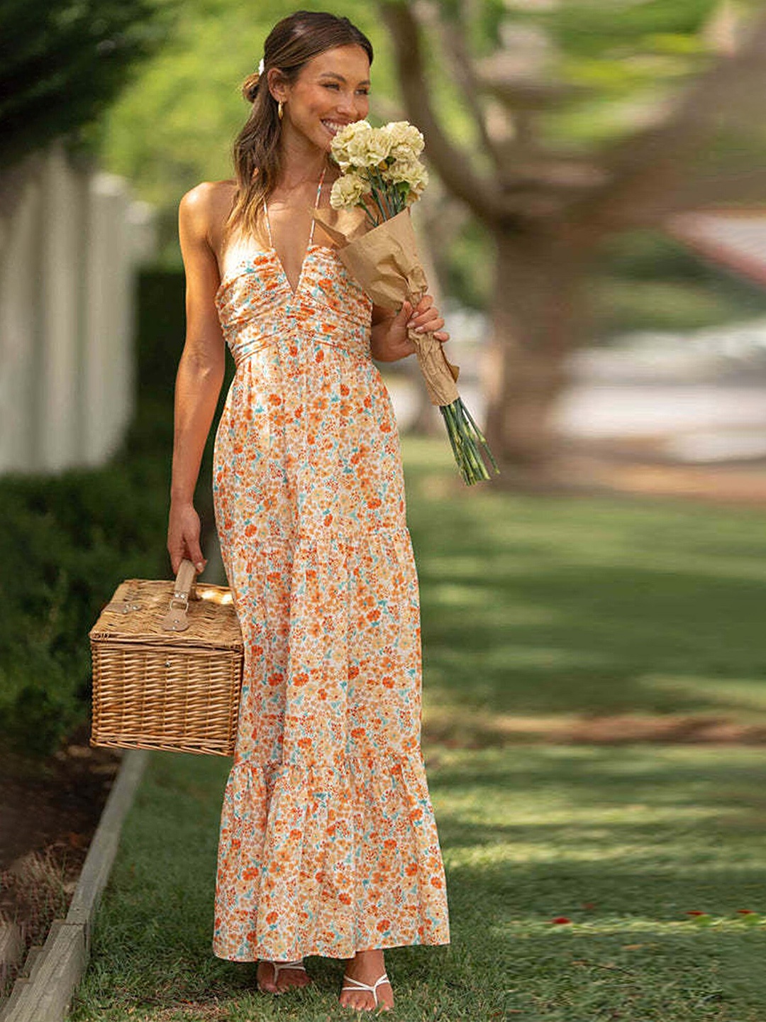 

LULU & SKY Floral Printed Halter Neck Gathered & Tiered Detail Maxi Dress, Orange