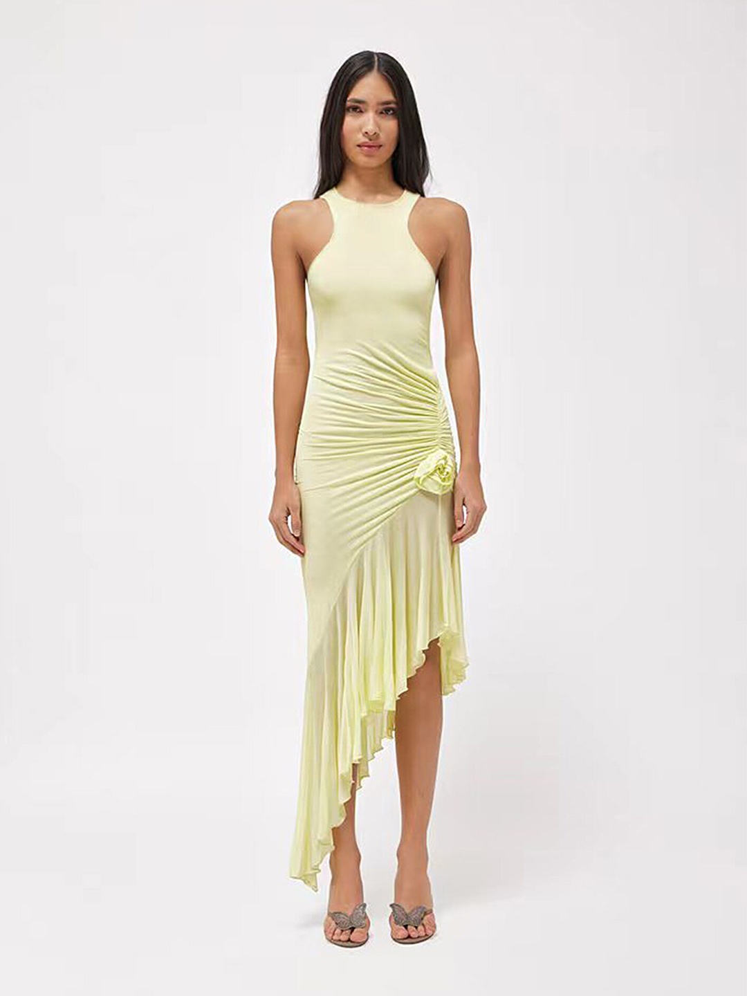 

LULU & SKY Round Neck Gathered Sheath Midi Dress, Yellow