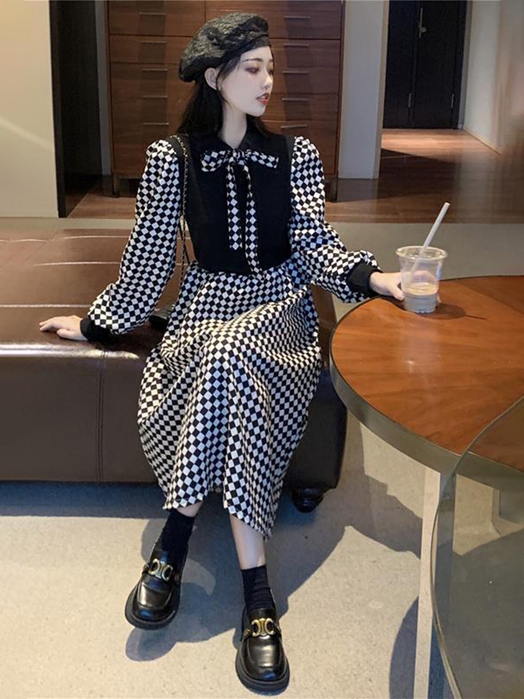 

LULU & SKY Checked Tie-Up Neck Puff Sleeves A-Line Midi Dress, Black