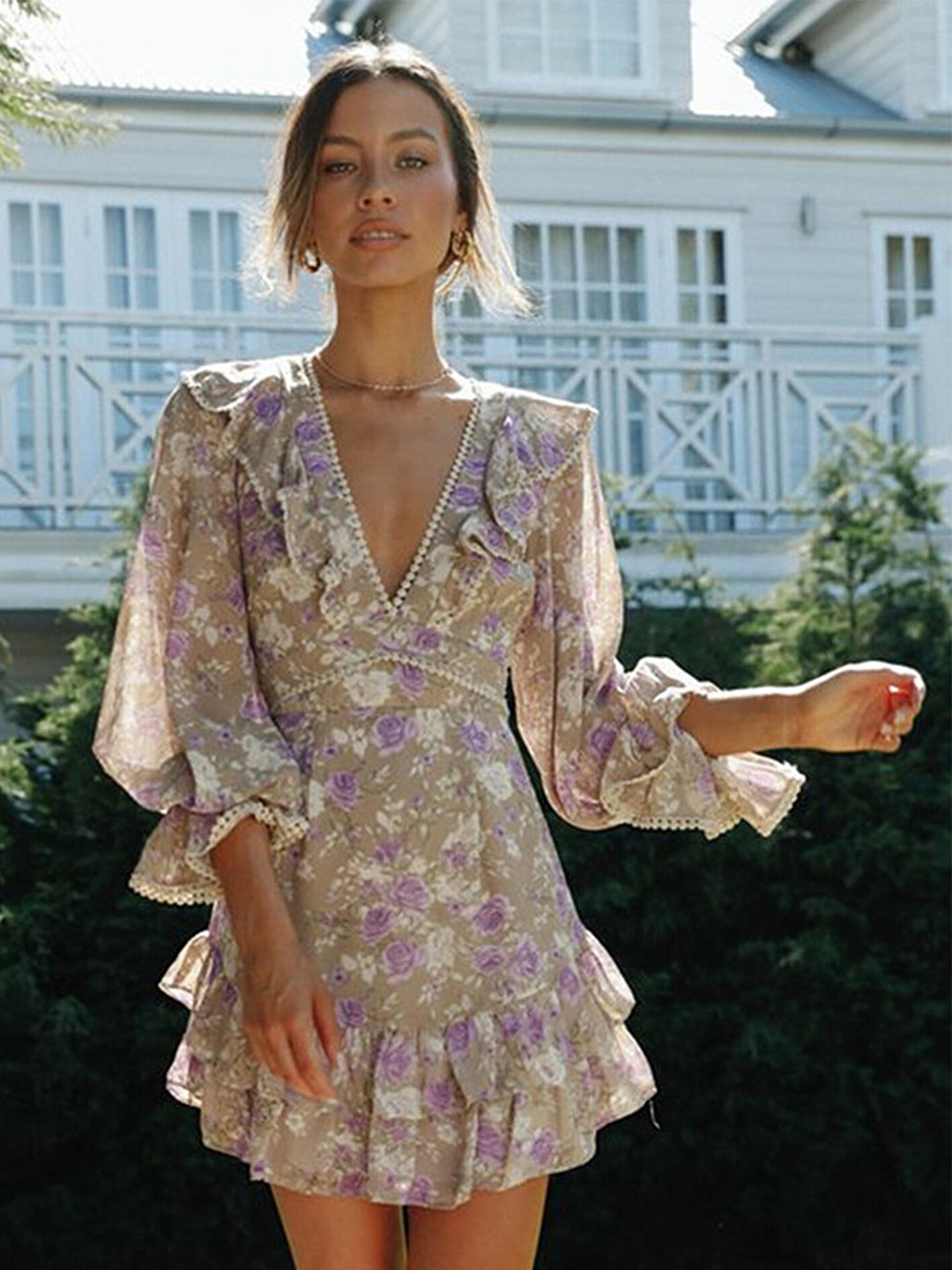 

LULU & SKY Floral Printed V-Neck Flared Sleeves Layered Detail Fit & Flare Mini Dress, Grey