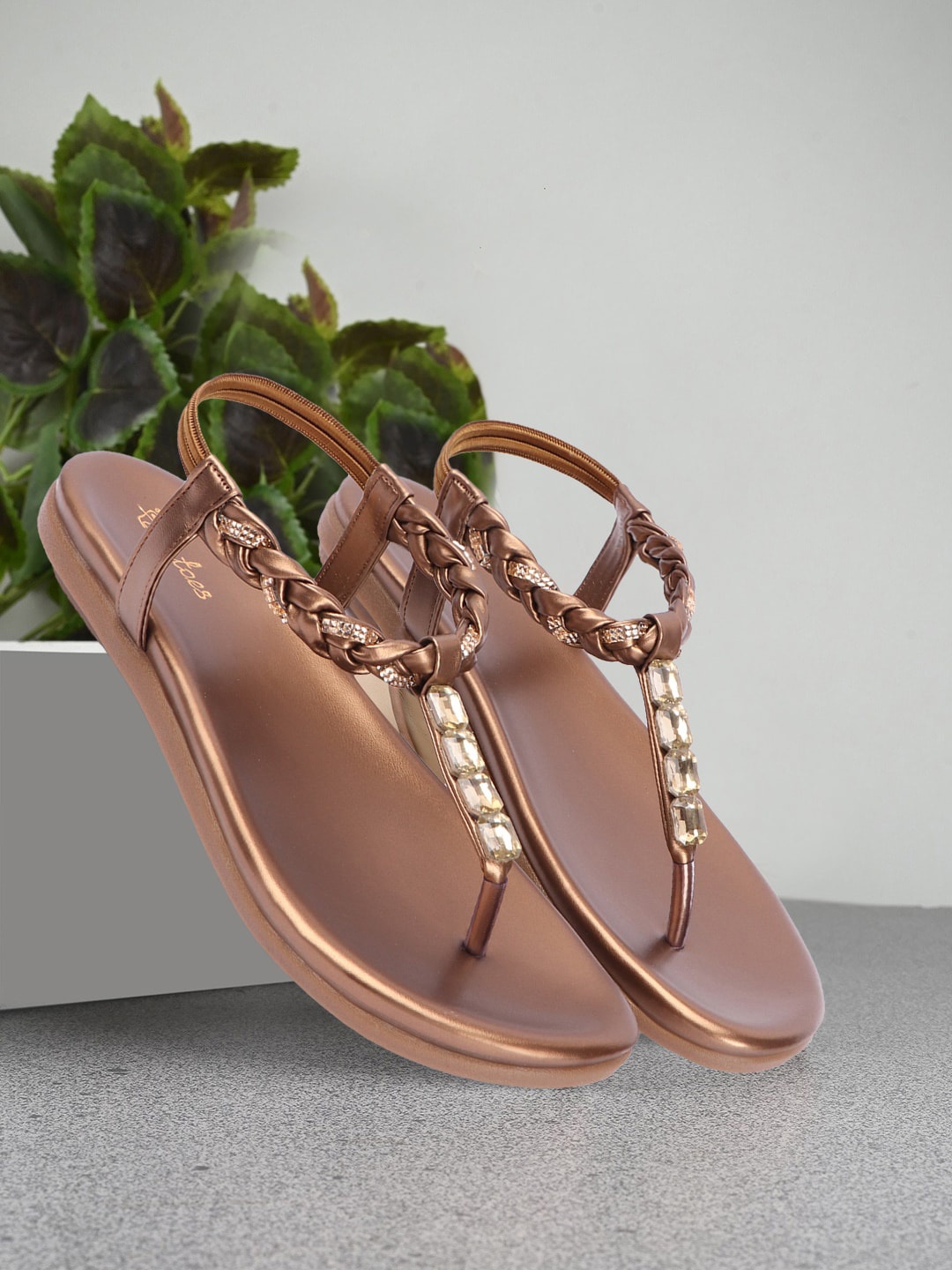 

Picktoes Embellished Open Toe T-Strap Flats, Copper