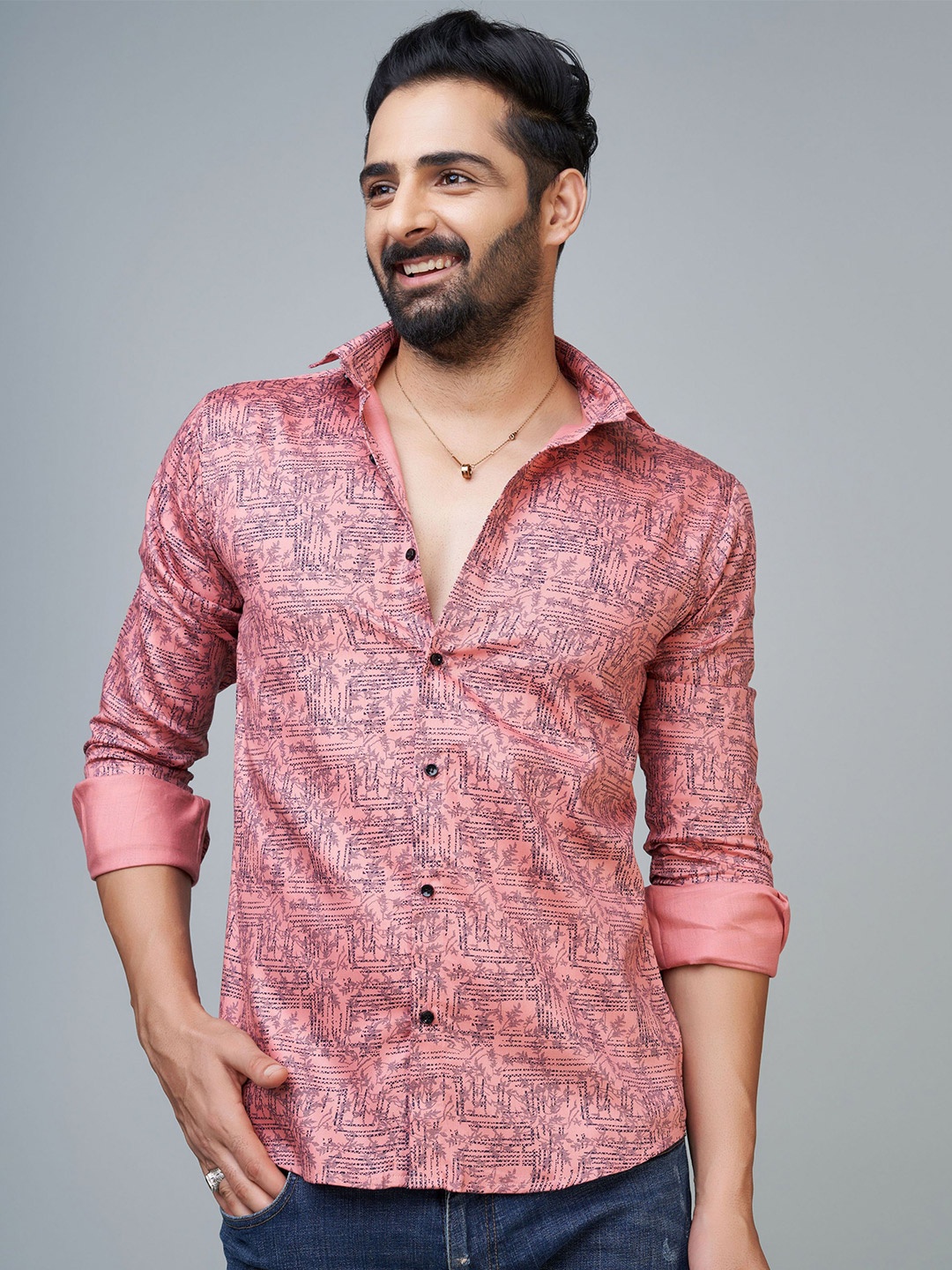 

Reeta Fashion Comfort Abstract Printed Spread Collar Cotton Casual Shirt, Pink