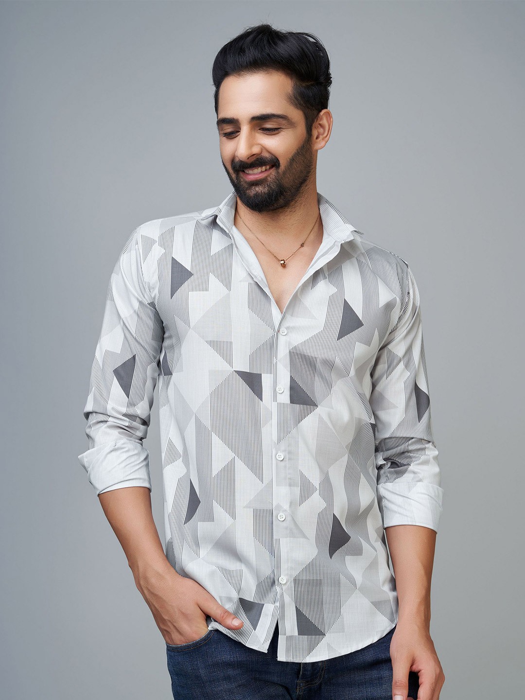 

Reeta Fashion Comfort Geometric Printed Cotton Casual Shirt, Grey