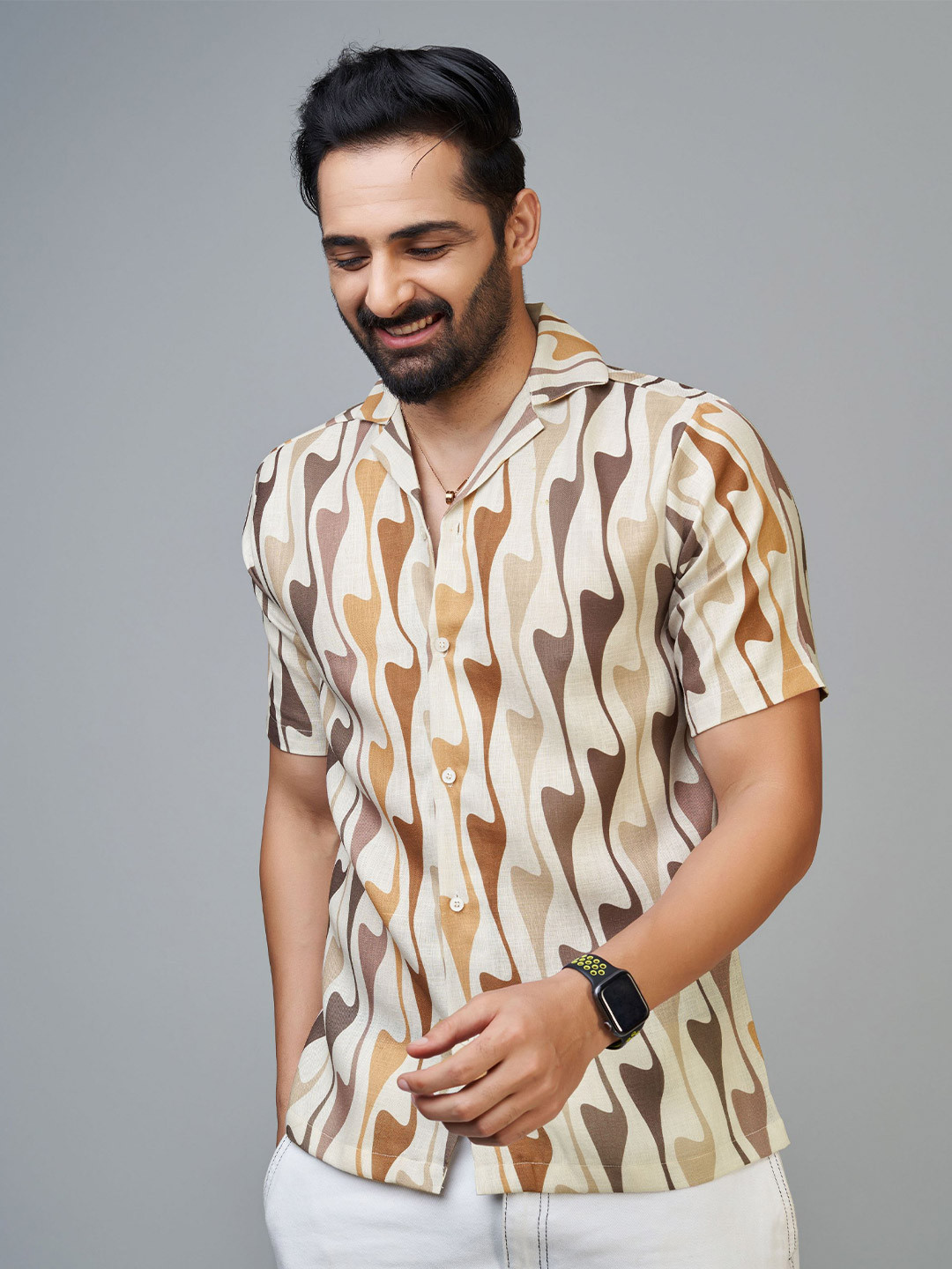 

Reeta Fashion Comfort Abstract Printed Cuban Collar Cotton Casual Shirt, Brown