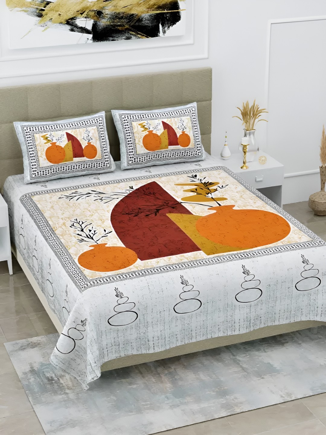 

LIVING ROOTS Double Queen Size Jaipur Block Print Cotton Double Bedsheet & 2 Pillow Covers, Orange