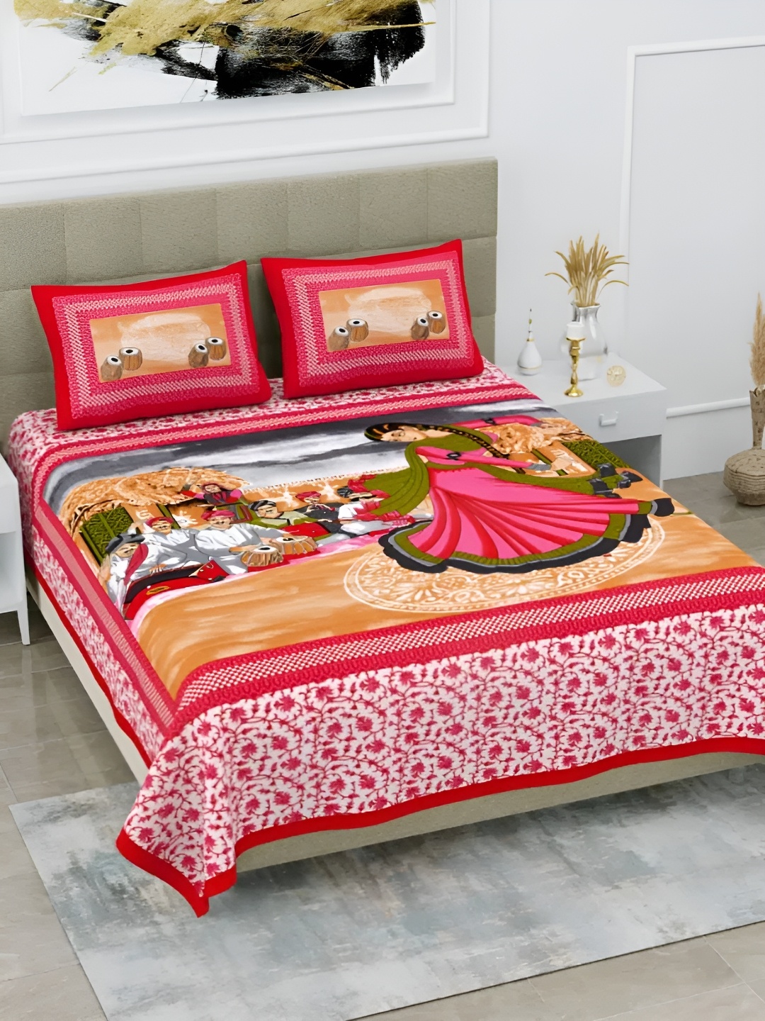 

LIVING ROOTS Double Queen Size Jaipur Block Print Cotton Double Bedsheet & 2 Pillow Covers, Pink