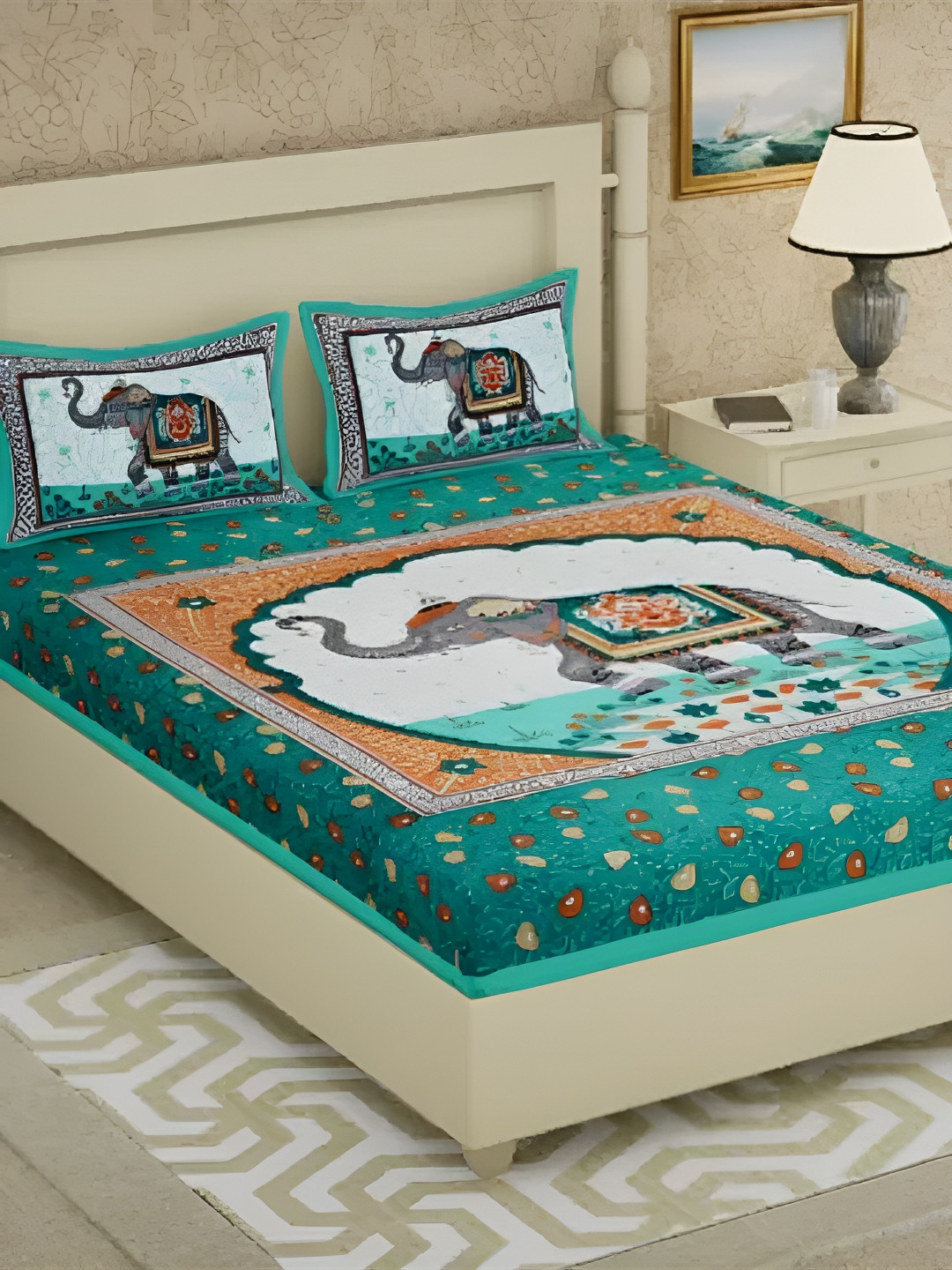 

LIVING ROOTS Double Queen Size Jaipur Block Print Cotton Double Bedsheet & 2 Pillow Covers, Green