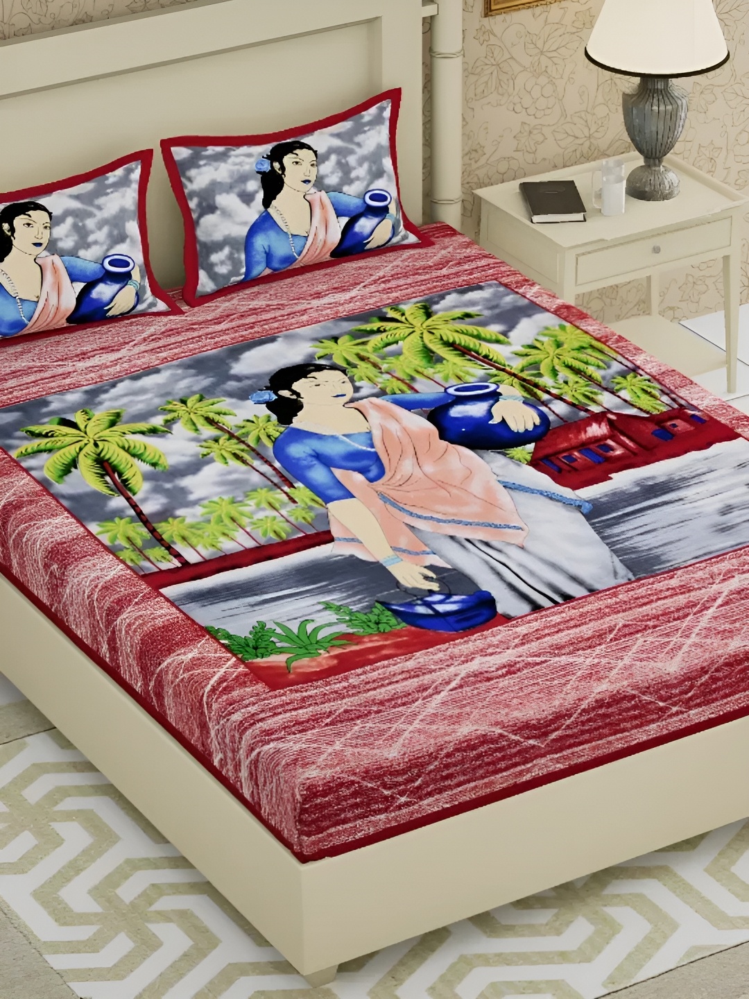 

LIVING ROOTS Double Queen Size Jaipur Block Print Cotton Double Bedsheet & 2 Pillow Covers, Pink