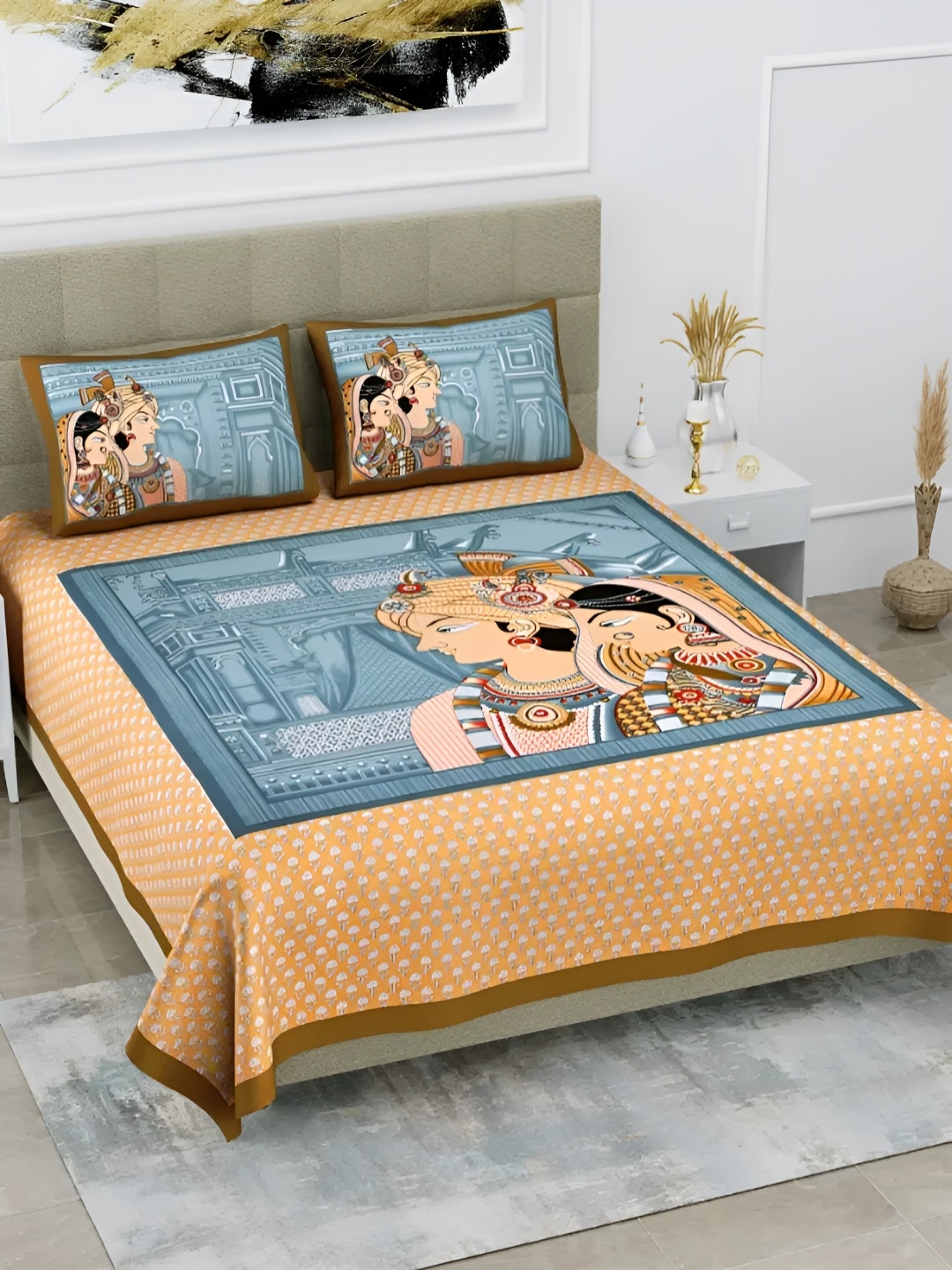 LIVING ROOTS Double Queen Size Jaipur Block Print Cotton Double Bedsheet & 2 Pillow Covers, Yellow