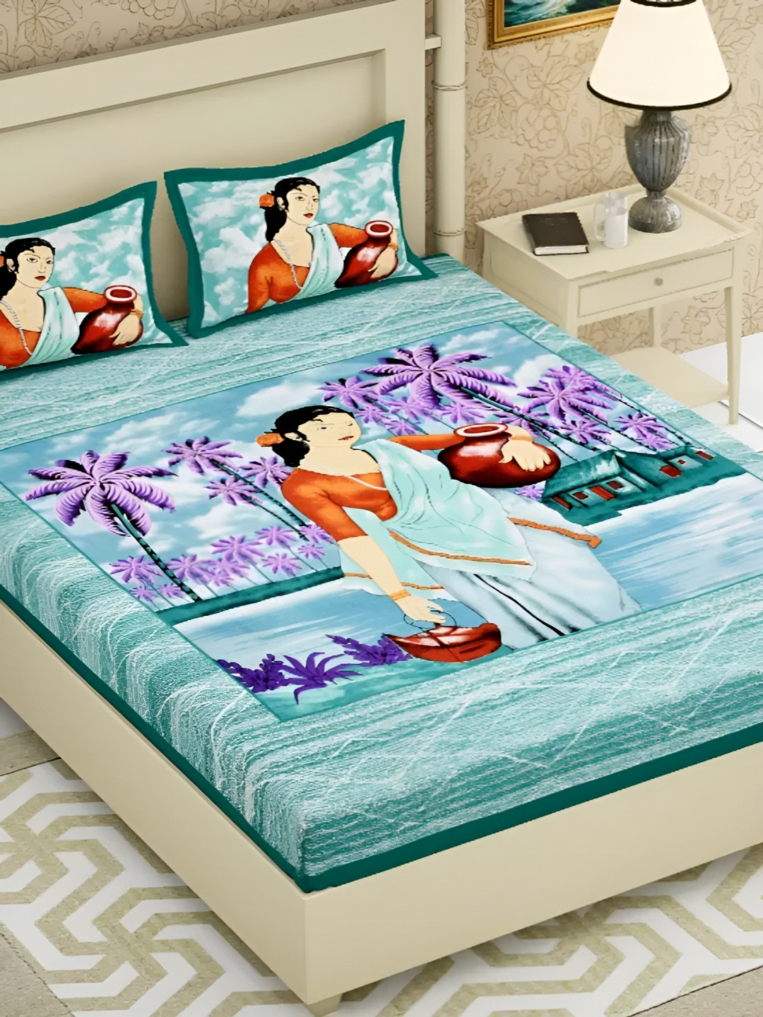 

LIVING ROOTS Double Queen Size Jaipur Block Print Cotton Double Bedsheet & 2 Pillow Covers, Green