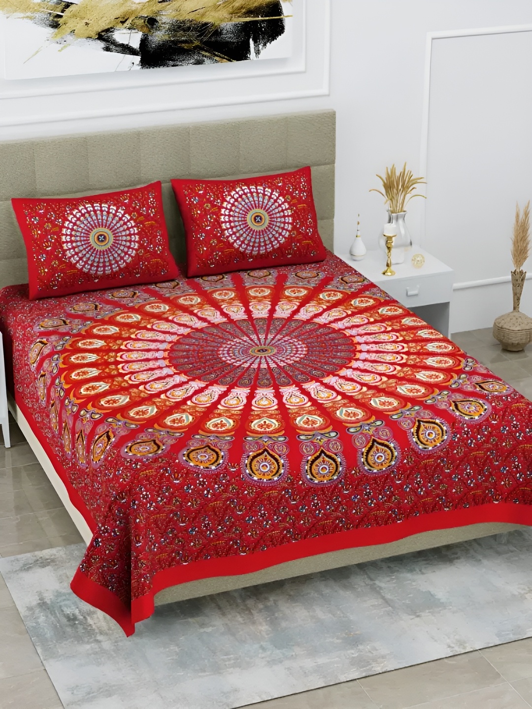 

LIVING ROOTS Double Queen Size Jaipur Block Print Cotton Double Bedsheet & 2 Pillow Covers, Red