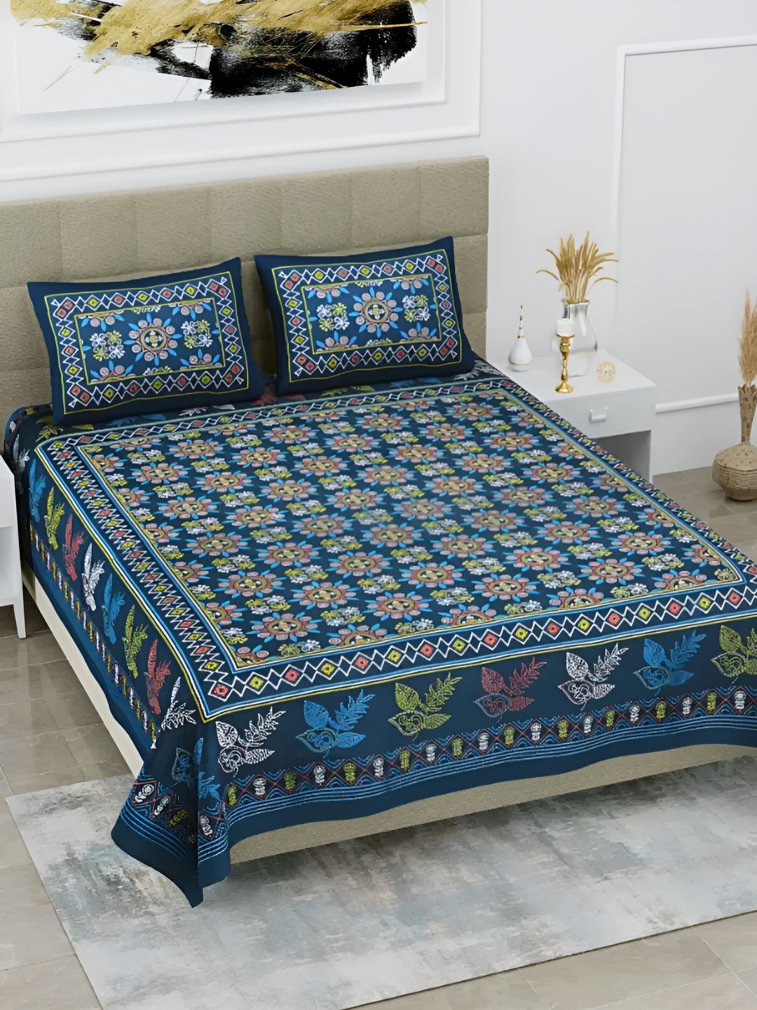 LIVING ROOTS Double Queen Size Jaipur Block Print Cotton Double Bedsheet & 2 Pillow Covers, Blue