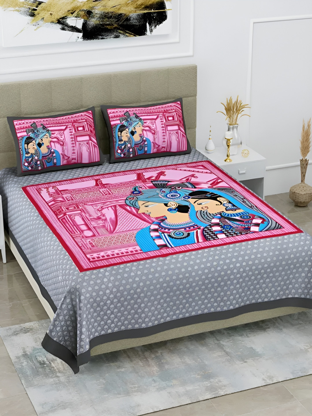 

LIVING ROOTS Double Queen Size Jaipur Block Print Cotton Double Bedsheet & 2 Pillow Covers, Grey