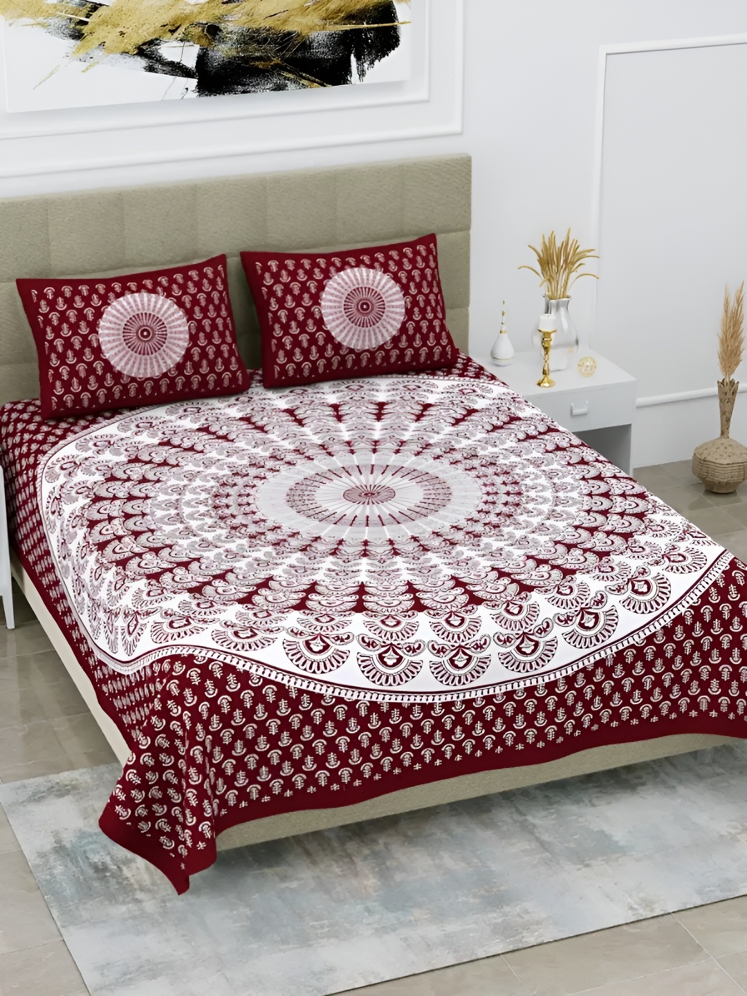 LIVING ROOTS Double Queen Size Jaipur Block Print Cotton Double Bedsheet & 2 Pillow Covers, Red