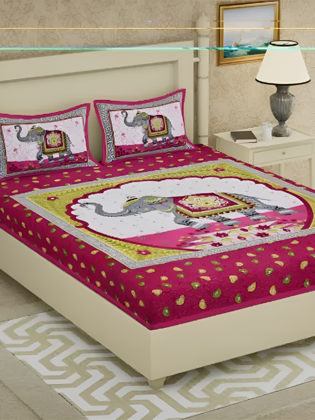 

LIVING ROOTS Double Queen Size Jaipur Block Print Cotton Double Bedsheet & 2 Pillow Covers, Pink