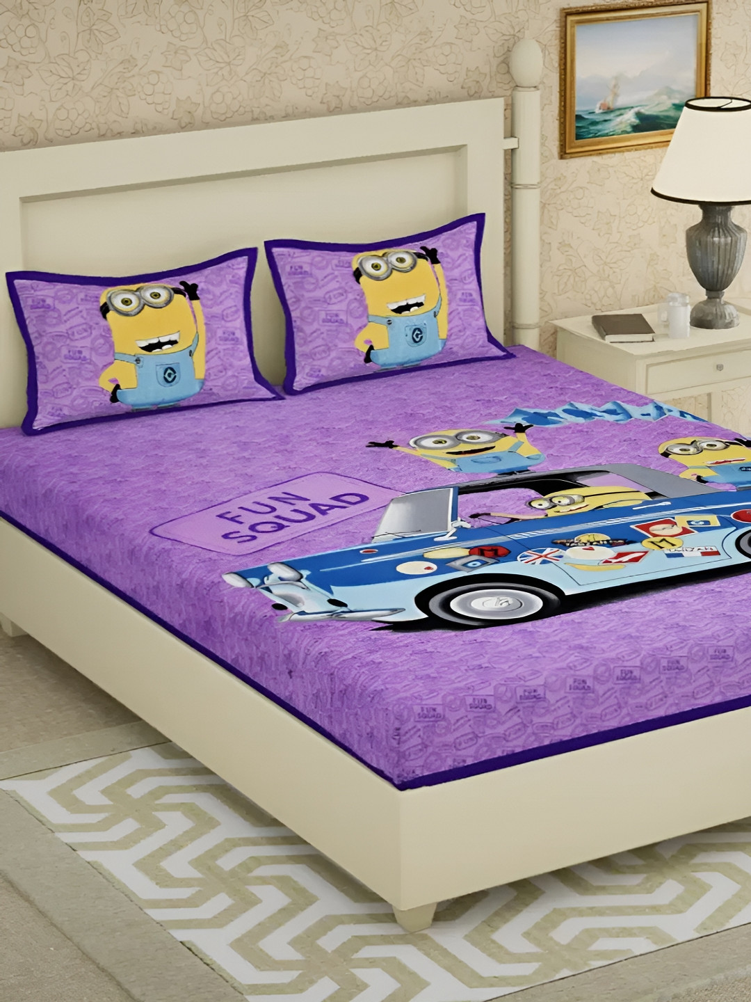 

LIVING ROOTS Double Queen Size Jaipur Block Print Cotton Double Bedsheet & 2 Pillow Covers, Lavender