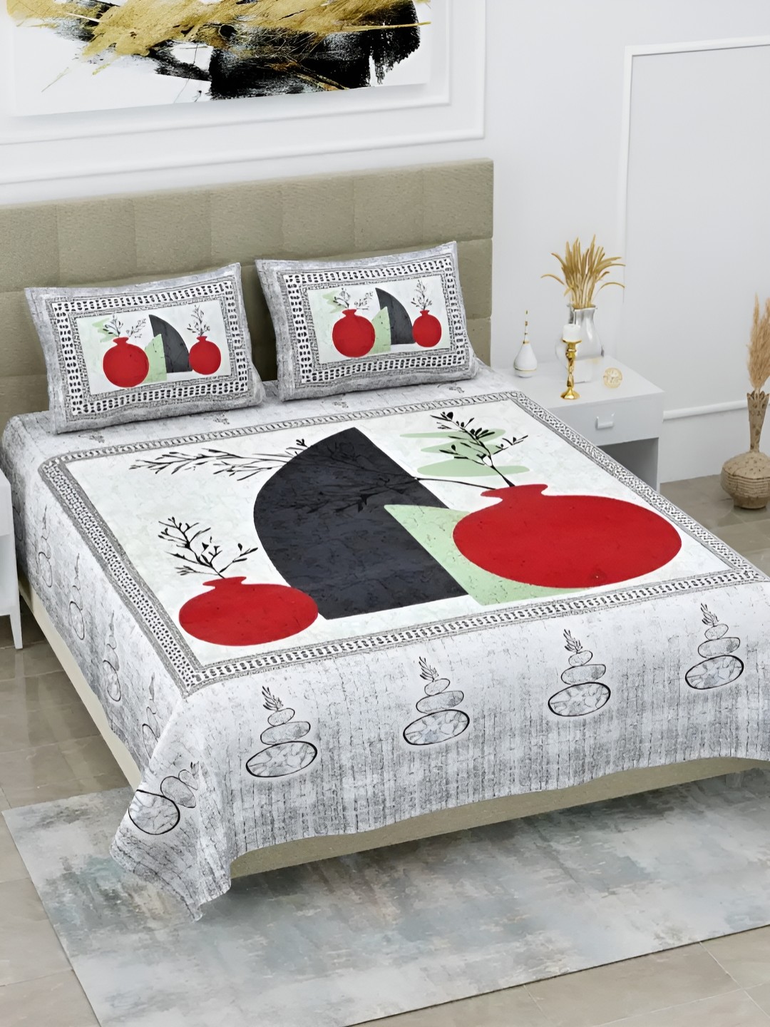 

LIVING ROOTS Double Queen Size Jaipur Block Print Cotton Double Bedsheet & 2 Pillow Covers, Red