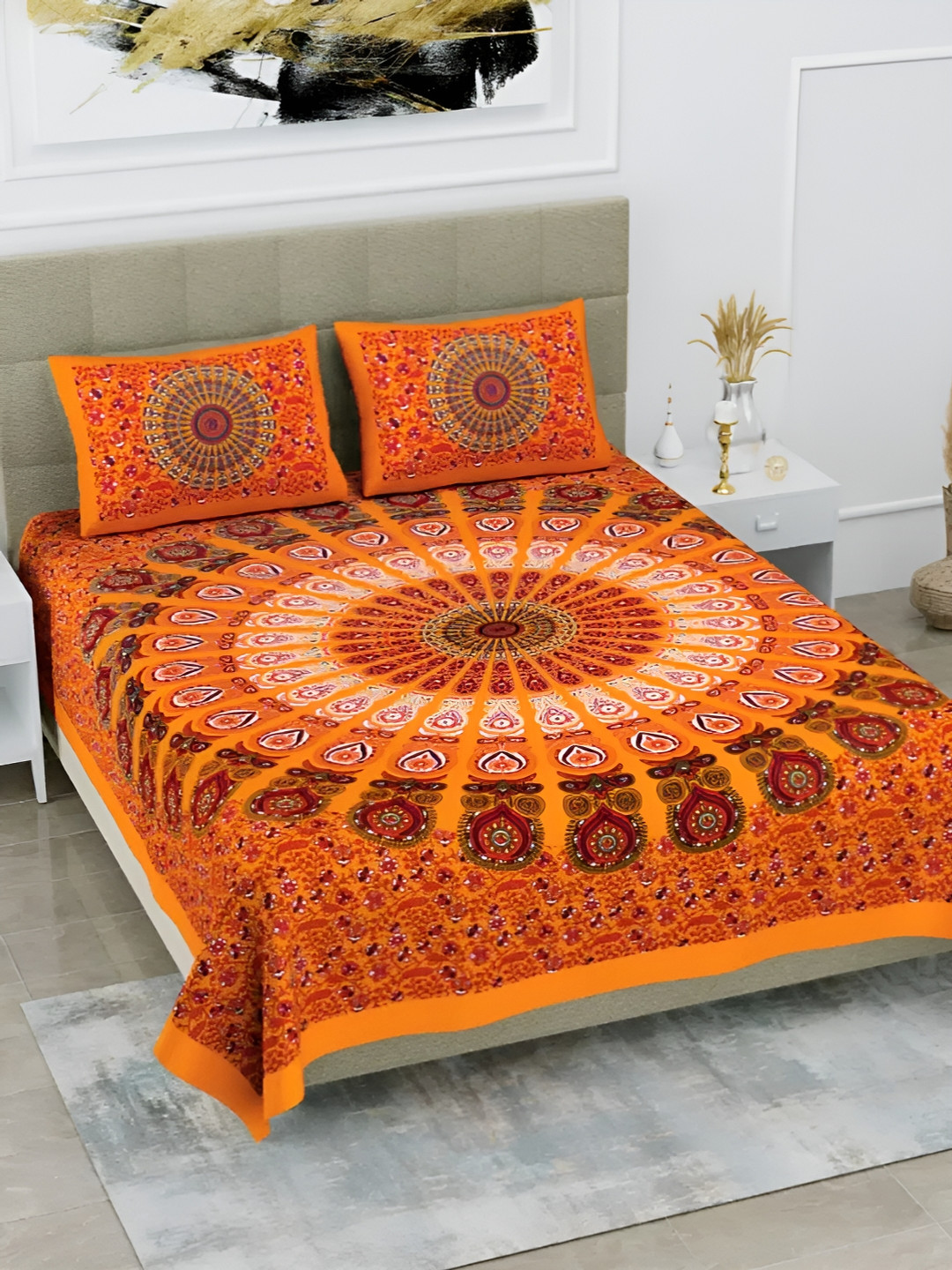 

LIVING ROOTS Double Queen Size Jaipur Block Print Cotton Double Bedsheet & 2 Pillow Covers, Yellow