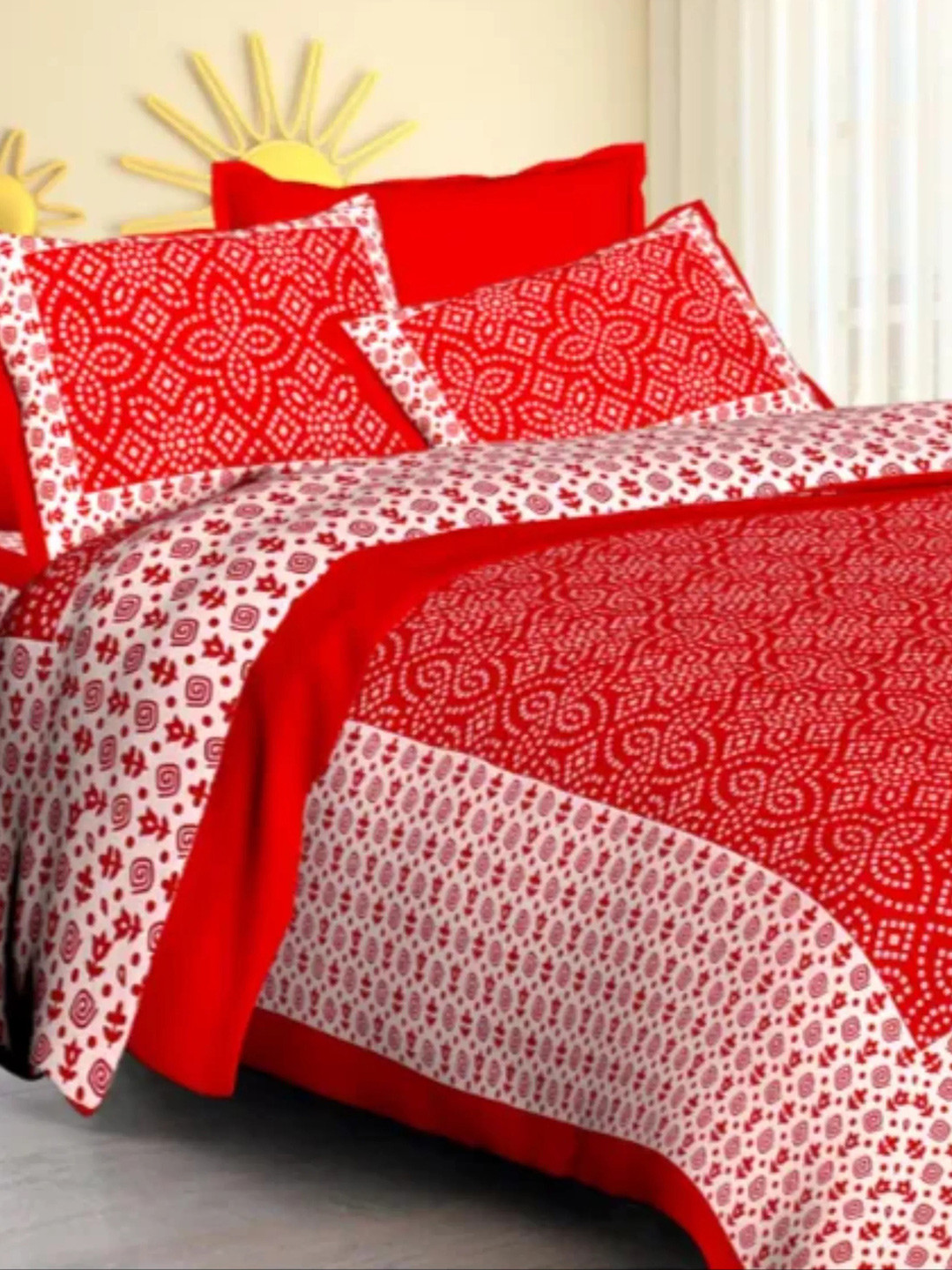 

LIVING ROOTS Double Queen Size Jaipur Block Print Cotton Double Bedsheet & 2 Pillow Covers, Red