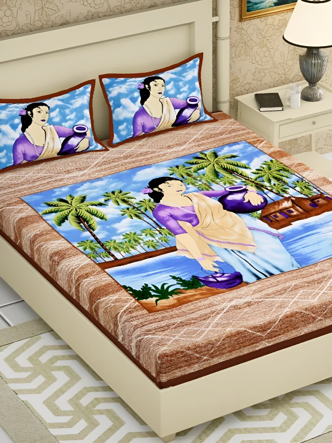 

LIVING ROOTS Double Queen Size Jaipur Block Print Cotton Double Bedsheet & 2 Pillow Covers, Brown