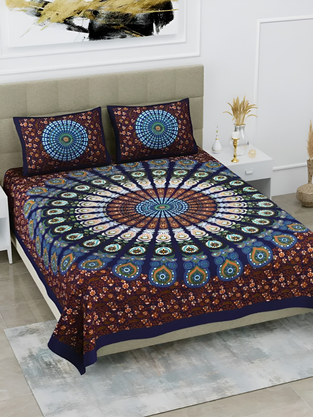 

LIVING ROOTS Double Queen Size Jaipur Block Print Cotton Double Bedsheet & 2 Pillow Covers, Blue